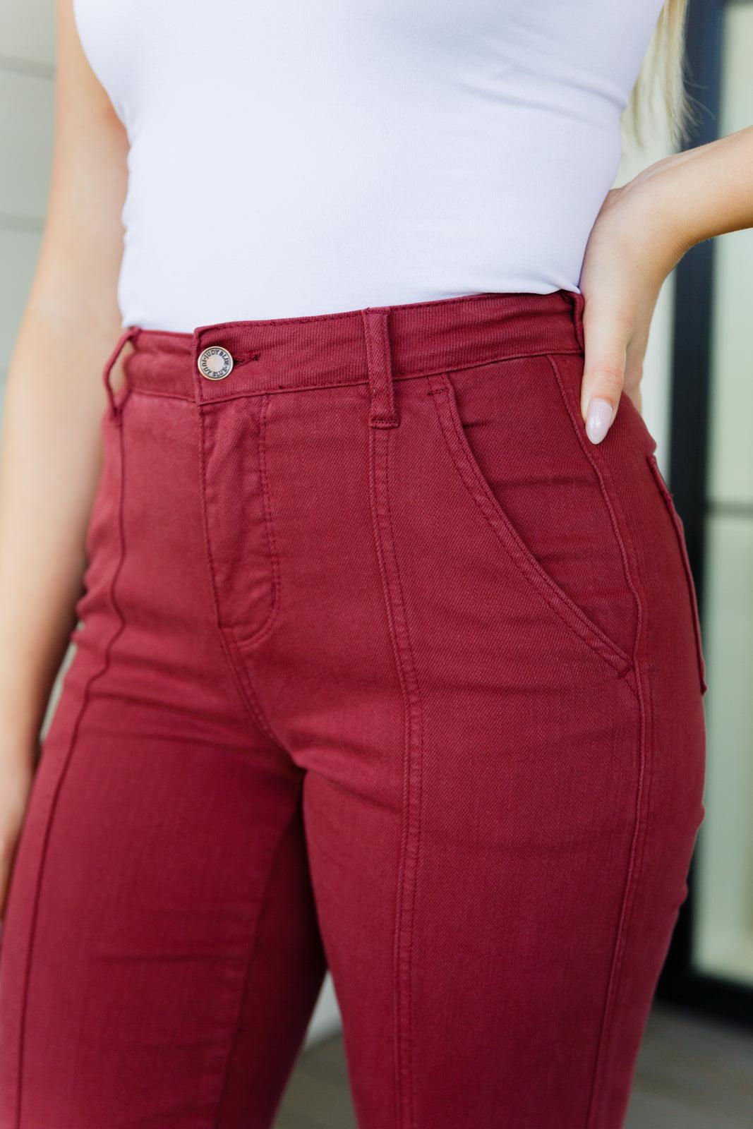 Phoebe High Rise Front Seam Straight Jeans in Burgundy - Judy Blue Womens Ave Shops   
