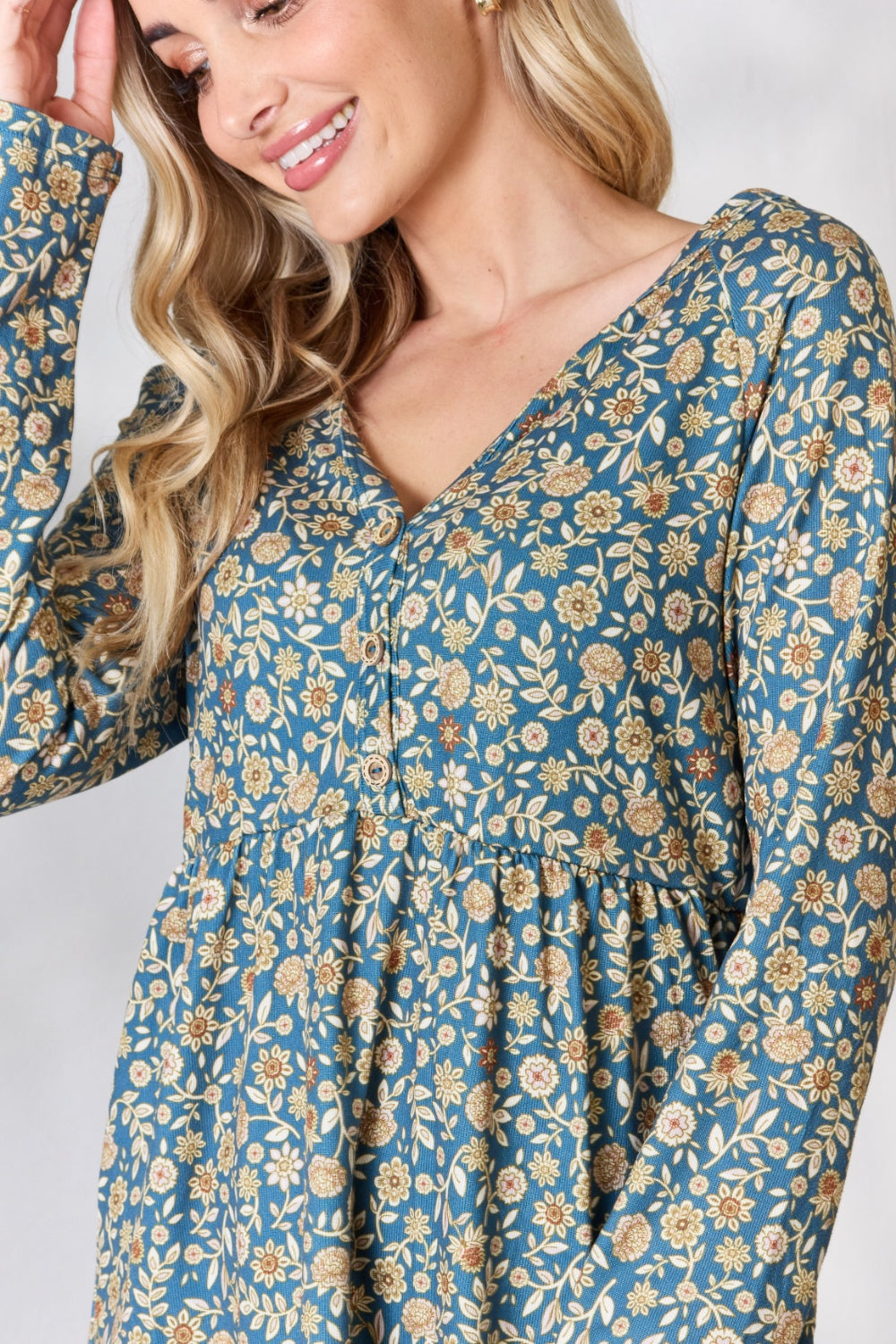Heimish Full Size Floral Half Button Long Sleeve Blouse Tops Trendsi   