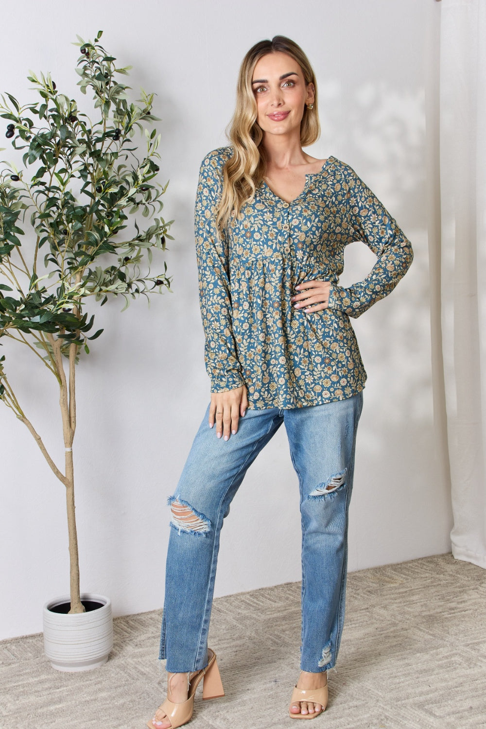 Heimish Full Size Floral Half Button Long Sleeve Blouse Tops Trendsi   
