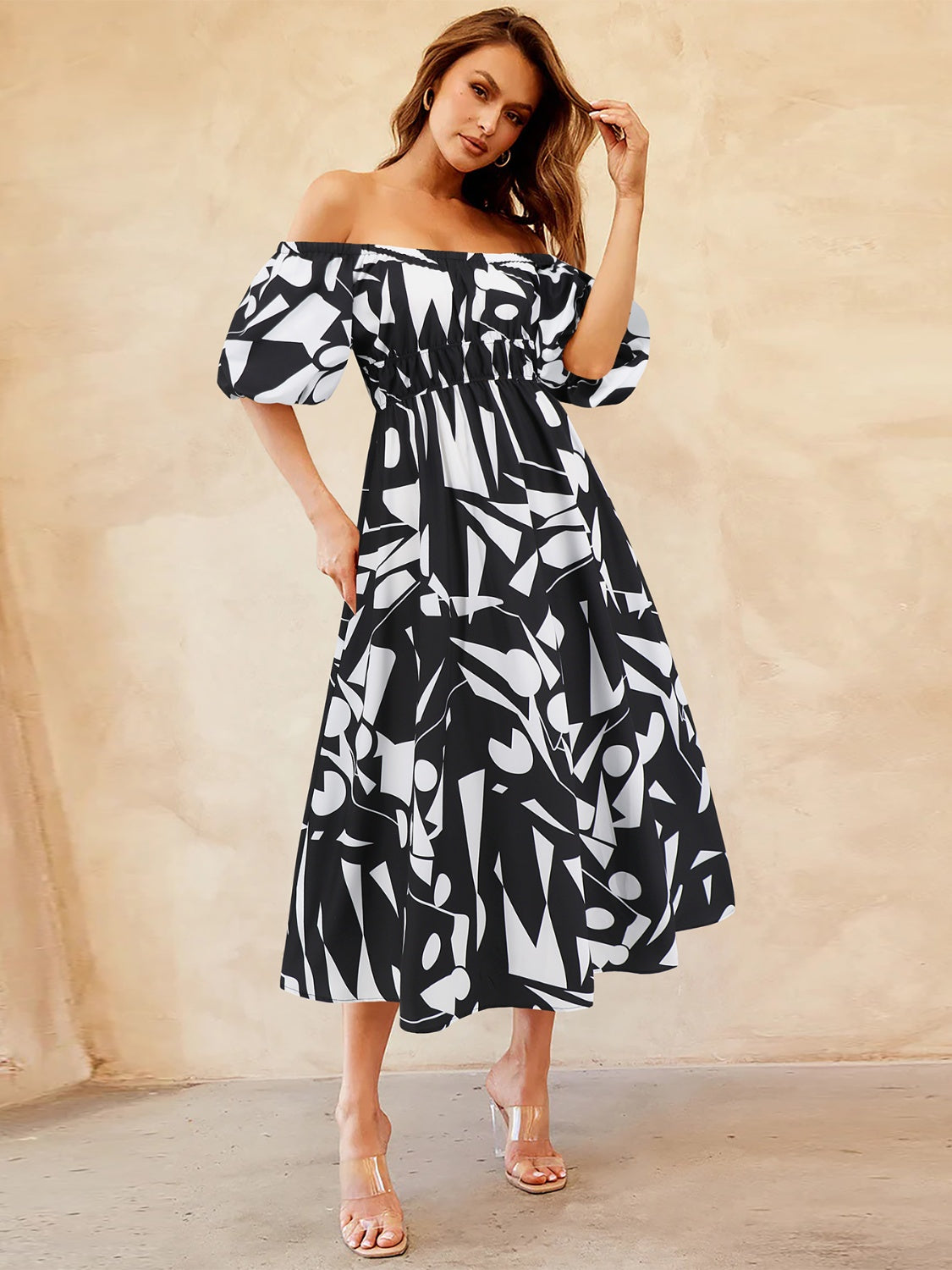 Printed Off-Shoulder Balloon Sleeve Dress Dresses Trendsi Black S 