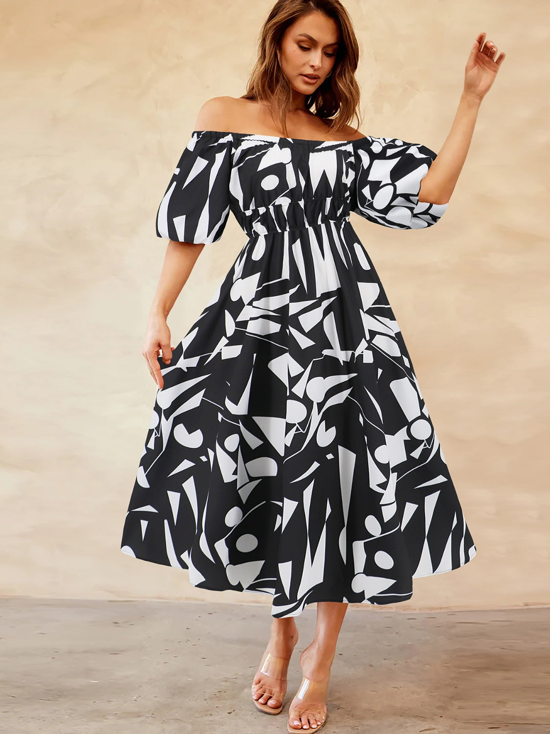 Printed Off-Shoulder Balloon Sleeve Dress Dresses Trendsi   