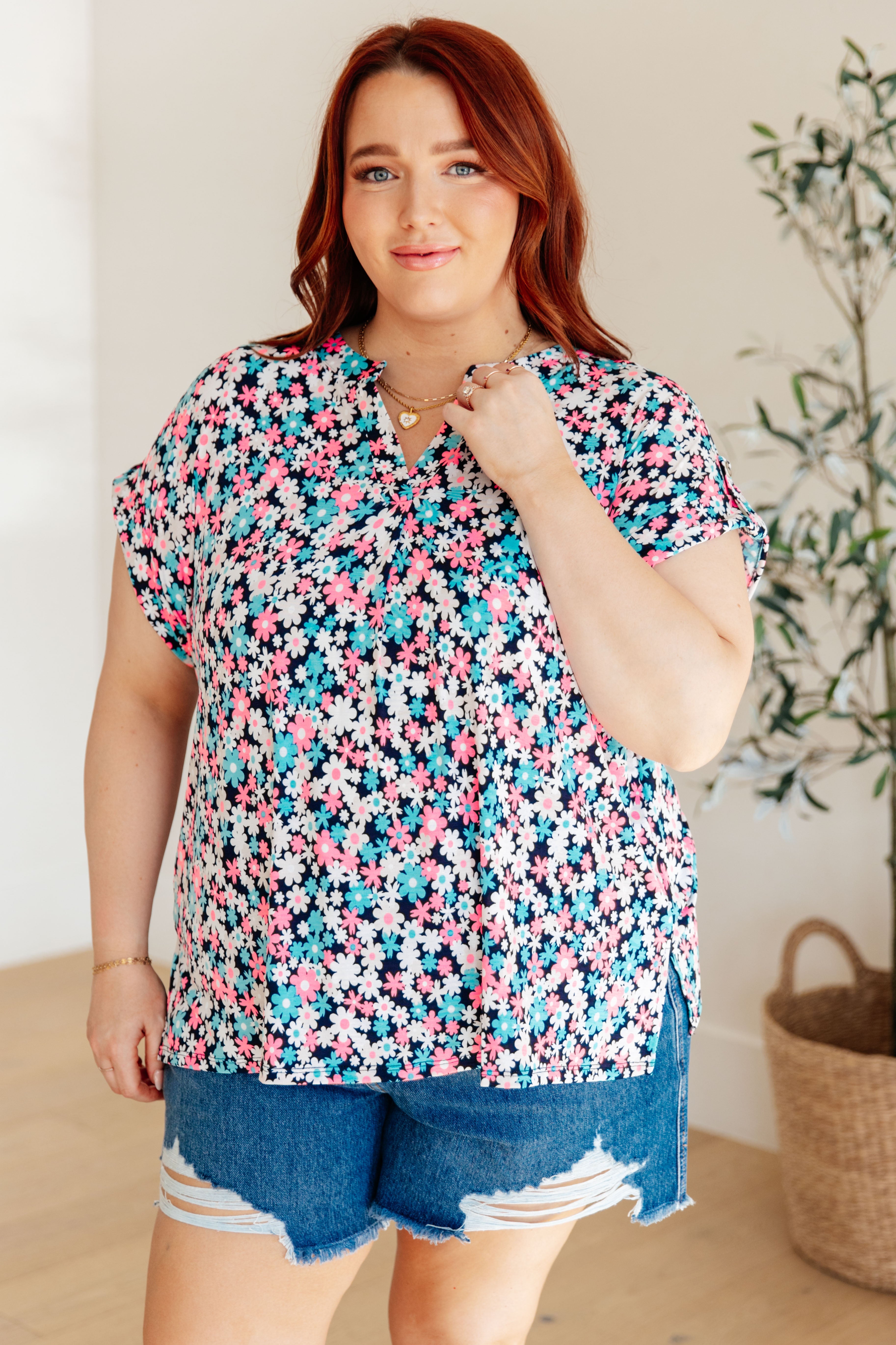 Lizzy Cap Sleeve Top in Navy and Hot Pink Floral Womens Ave Shops   