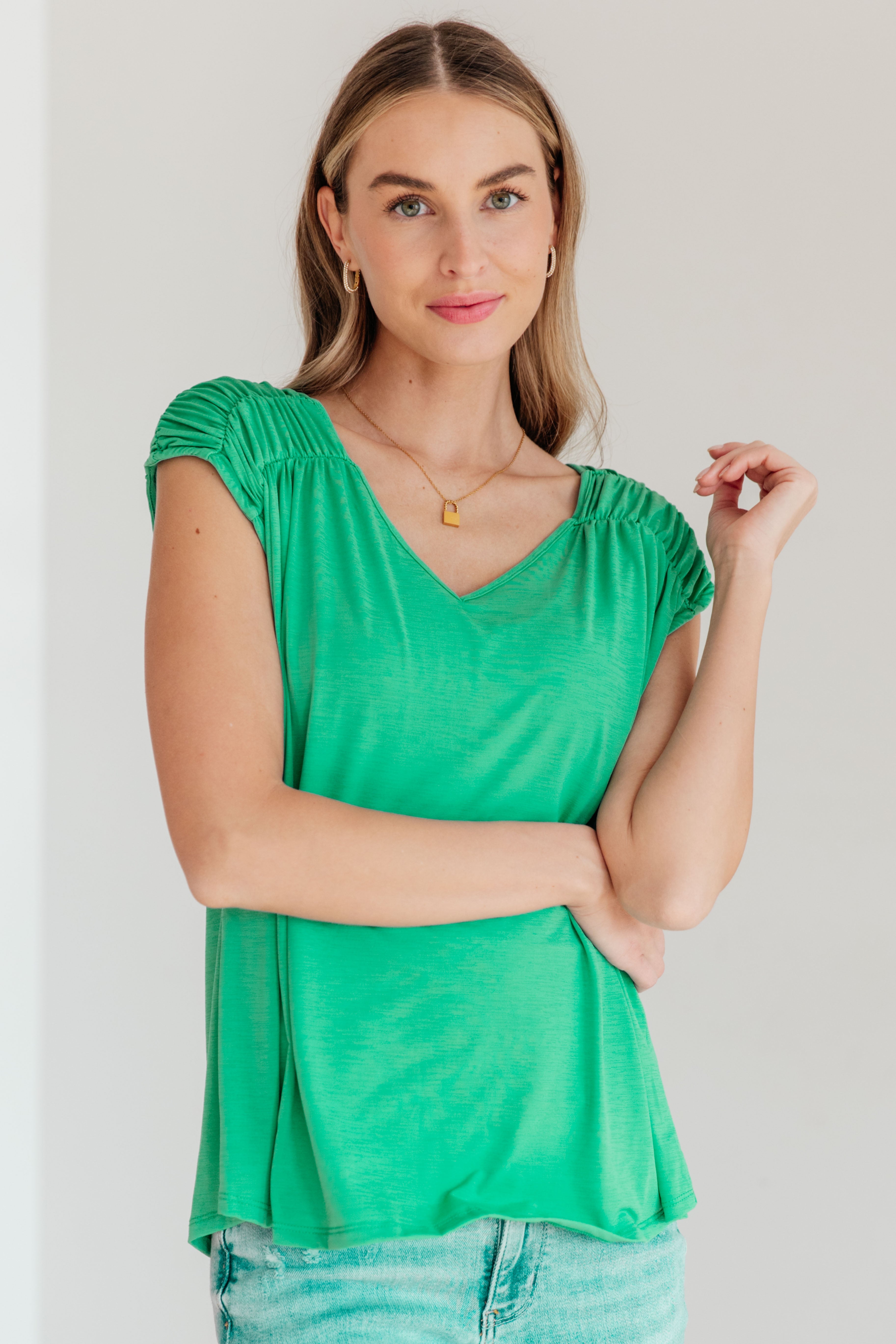 Ruched Cap Sleeve Top in Emerald Womens Ave Shops   