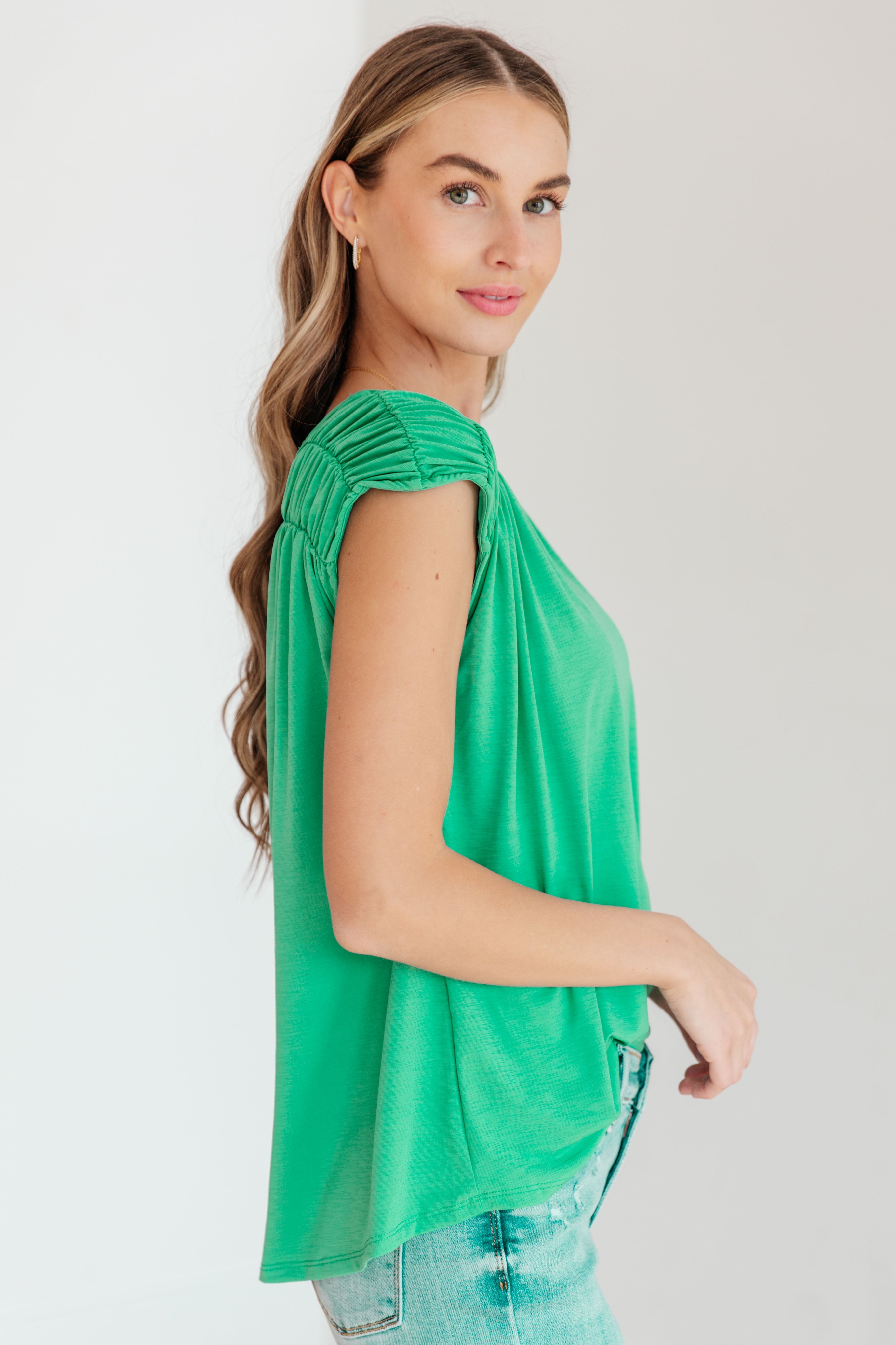 Ruched Cap Sleeve Top in Emerald Womens Ave Shops   