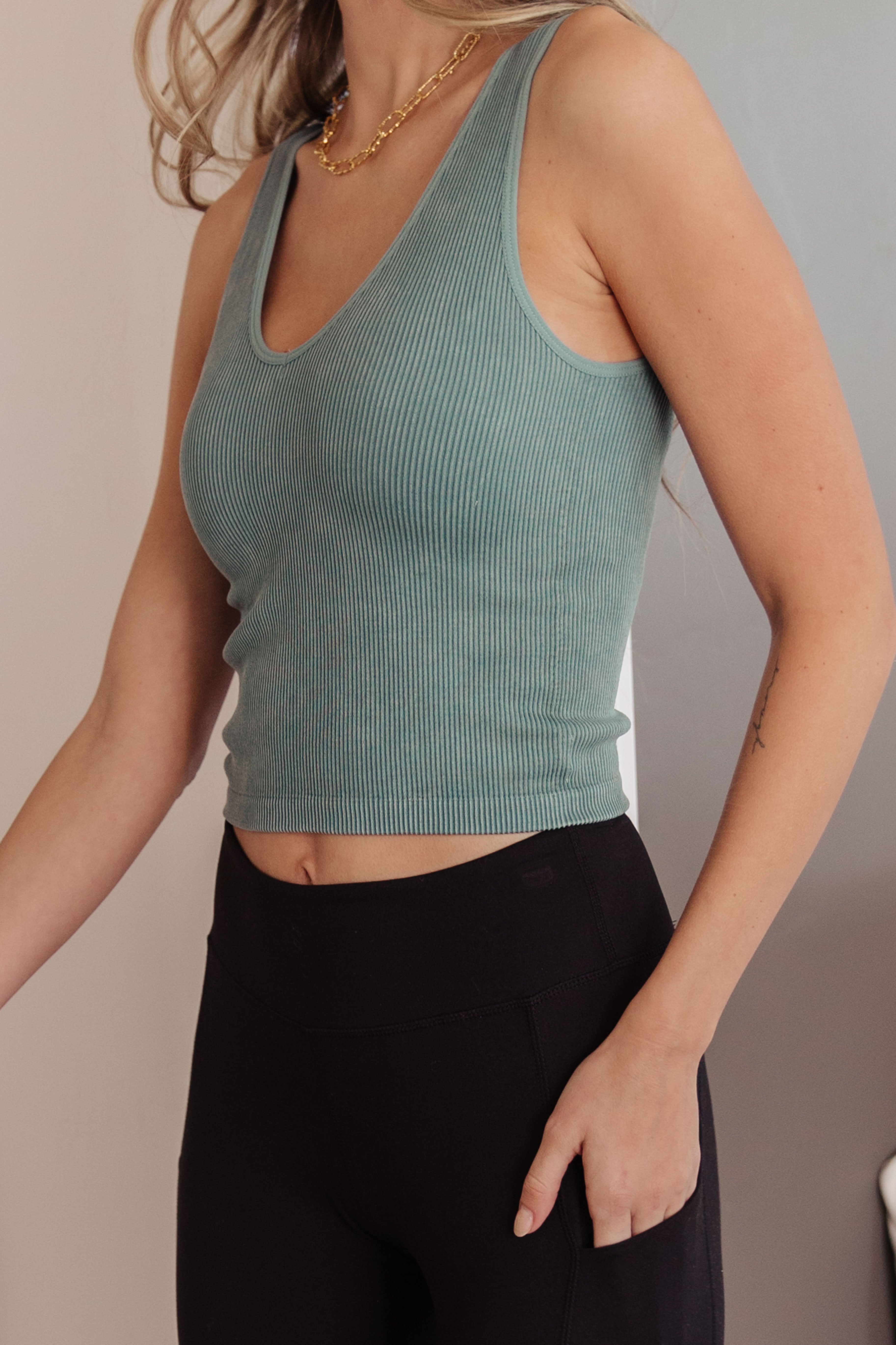 Fundamentals Ribbed Seamless Reversible Tank in Vintage Blue Womens Ave Shops   