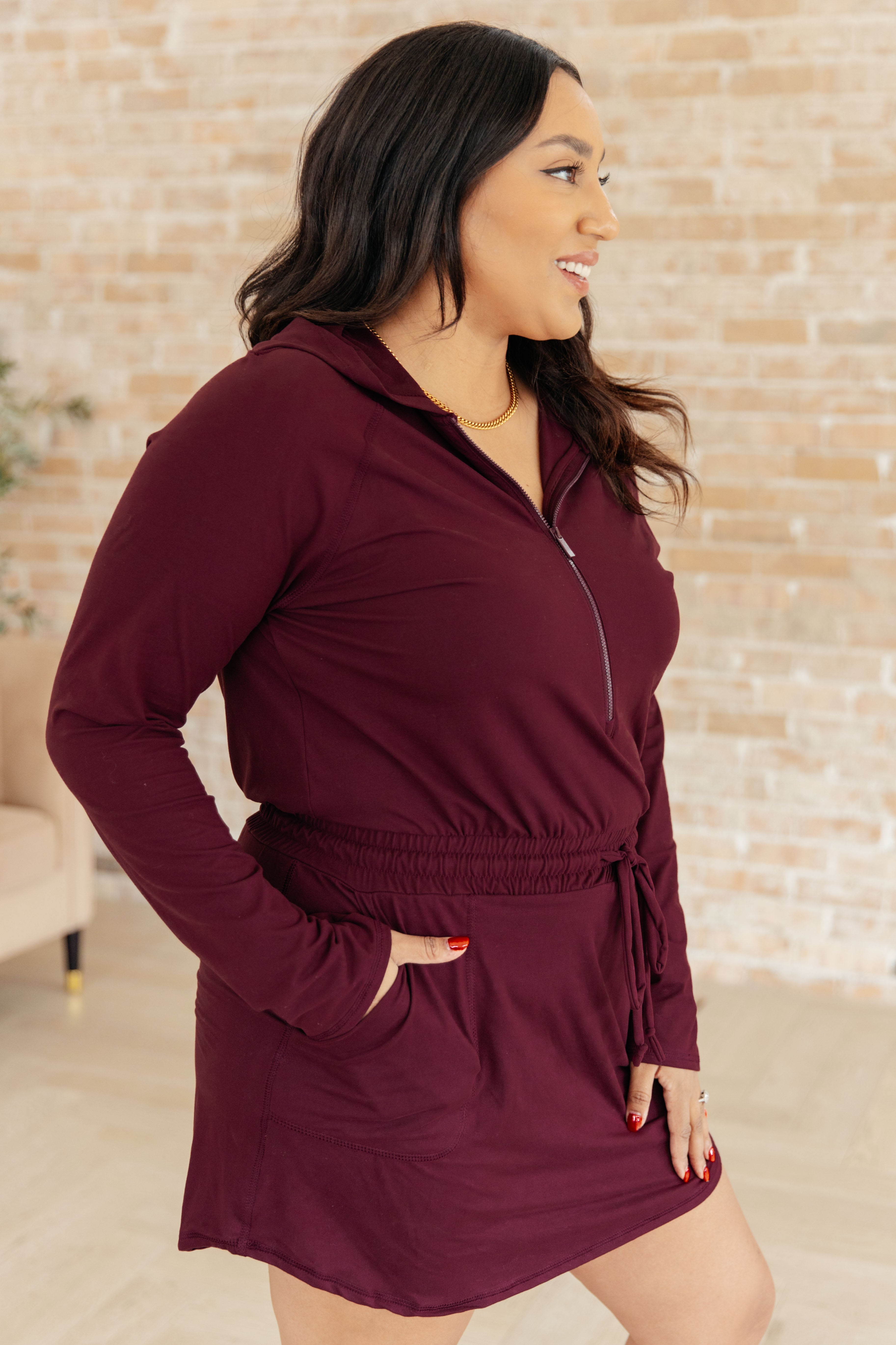 Getting Out Long Sleeve Hoodie Romper in Maroon Athleisure Ave Shops   