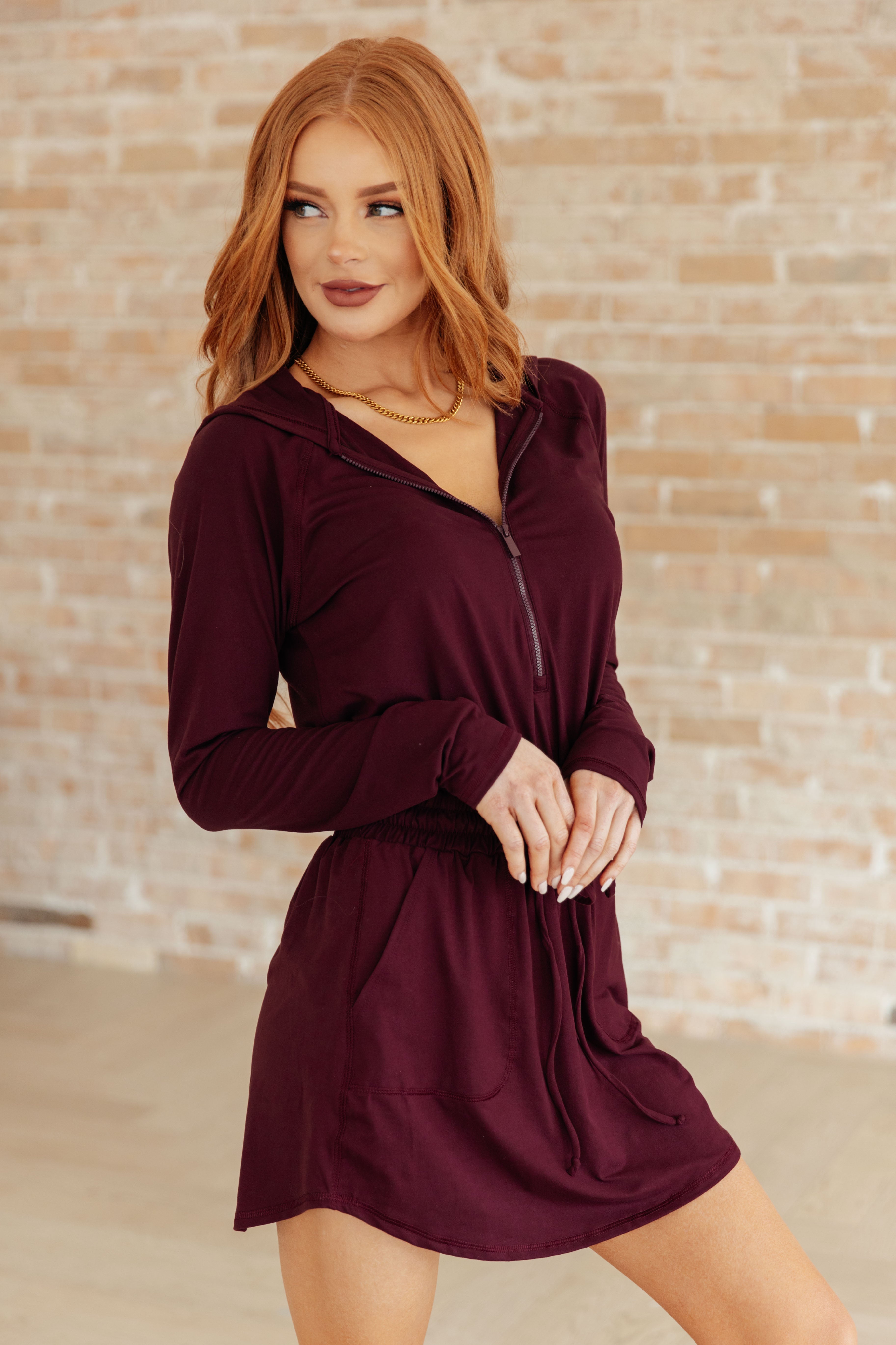 Getting Out Long Sleeve Hoodie Romper in Maroon Athleisure Ave Shops   