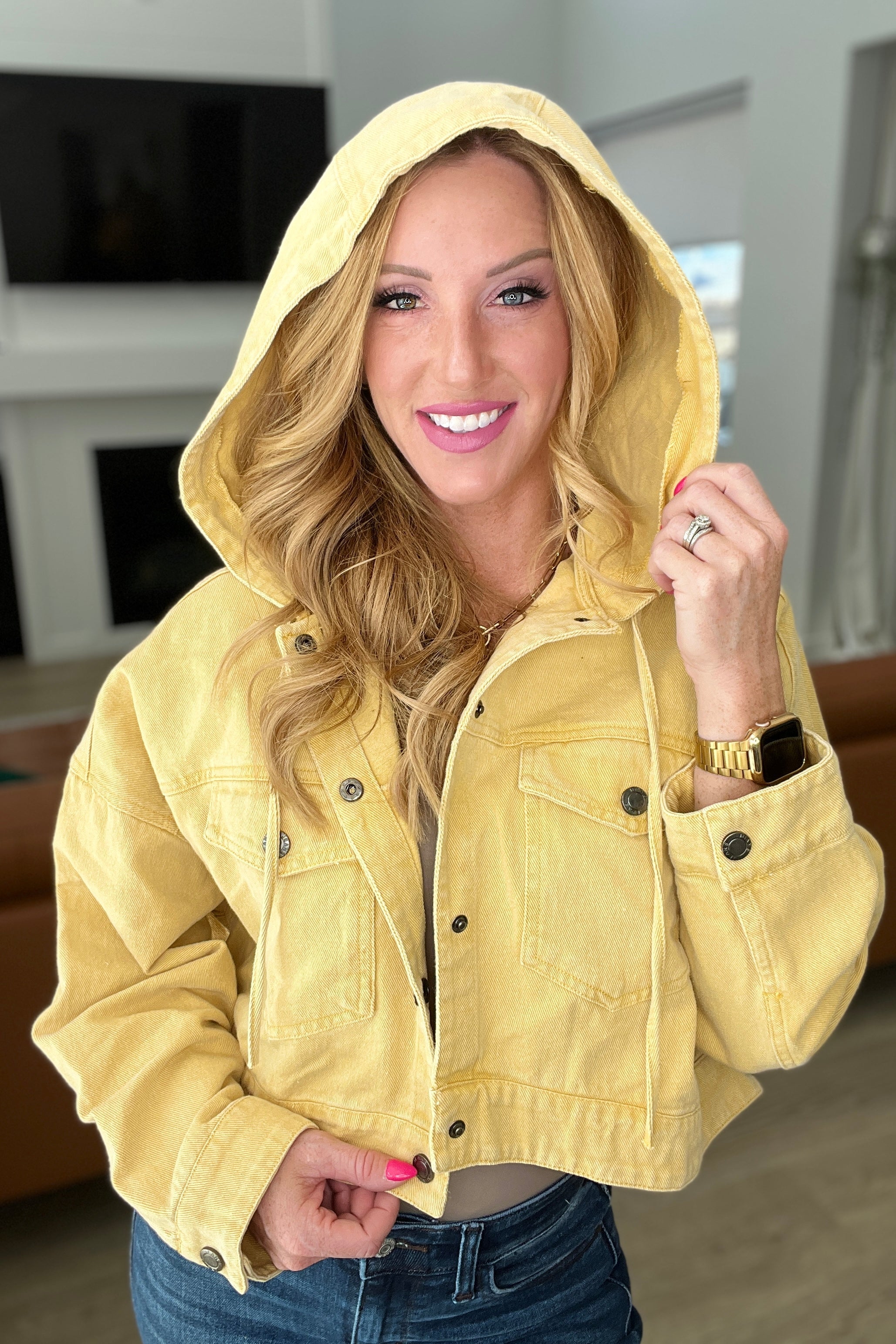 Cropped Hooded Denim Jacket in Mustard Womens Ave Shops   