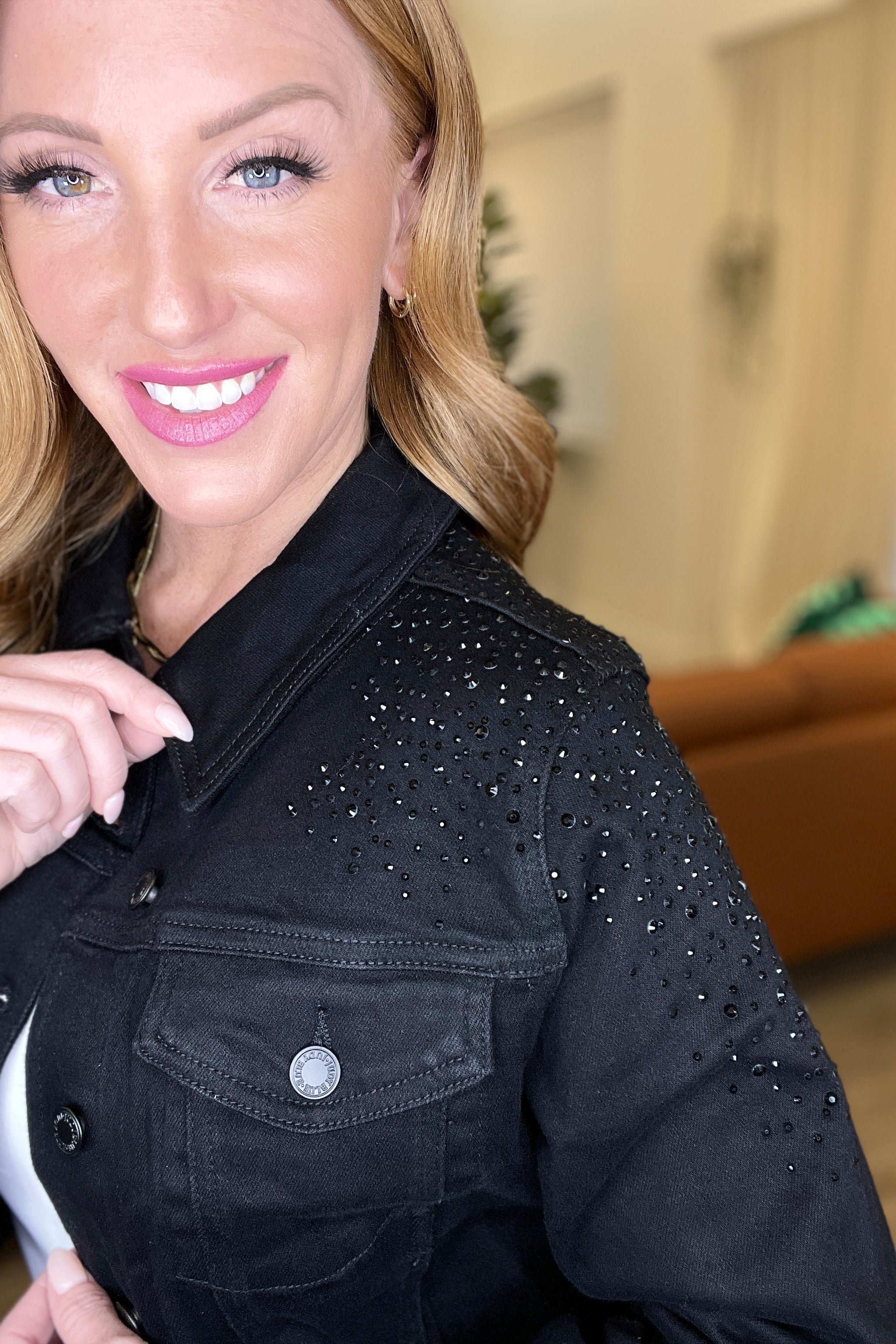 Reese Rhinestone Denim Jacket in Black Womens Ave Shops   