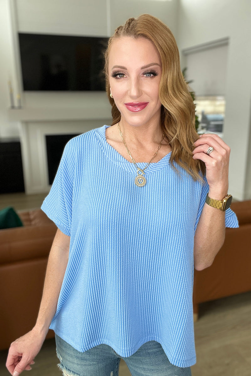 Textured Line Twisted Short Sleeve Top in Sky Blue Tops Ave Shops   
