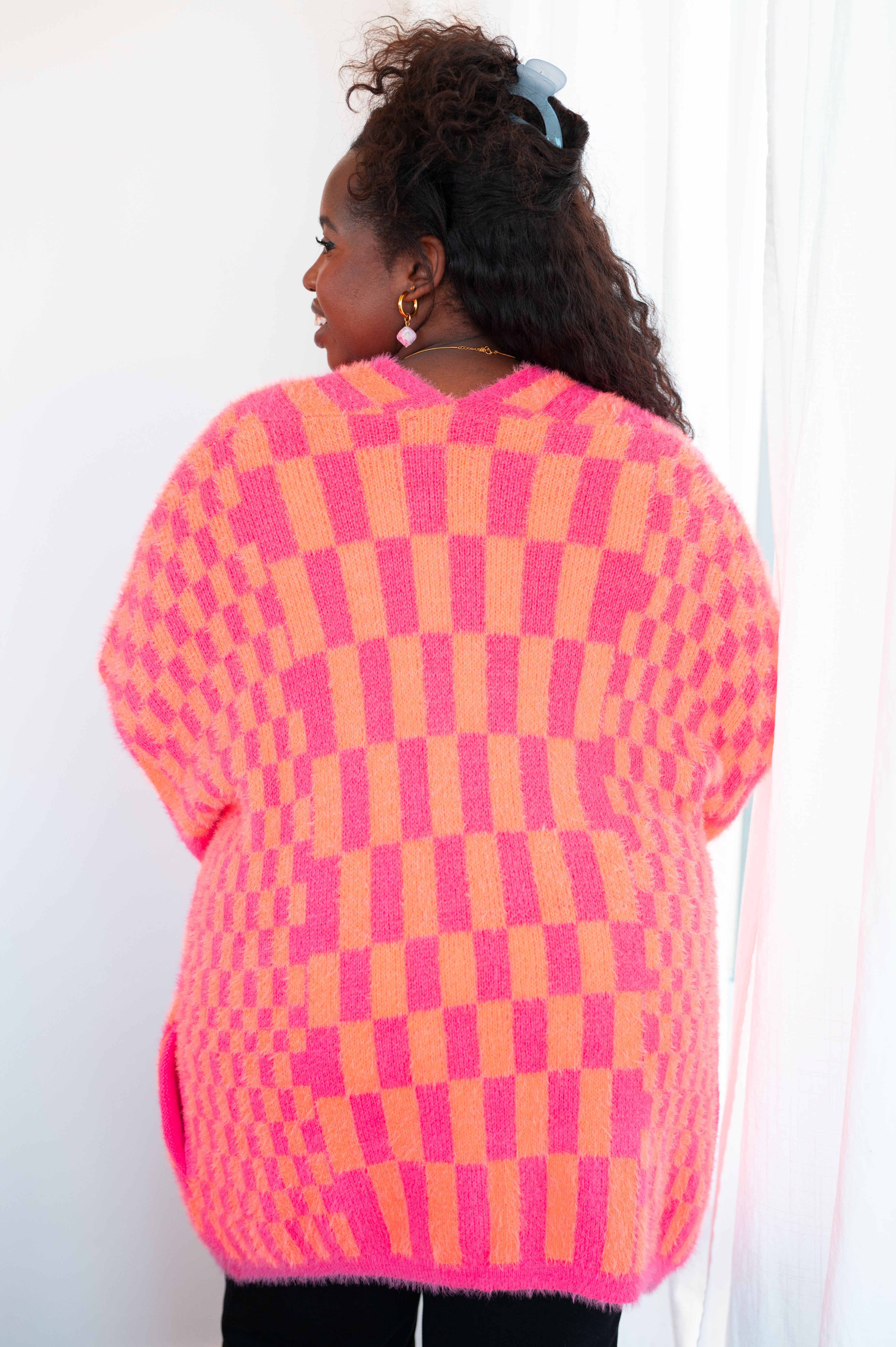 Noticed in Neon Checkered Cardigan in Pink and Orange Womens Ave Shops   