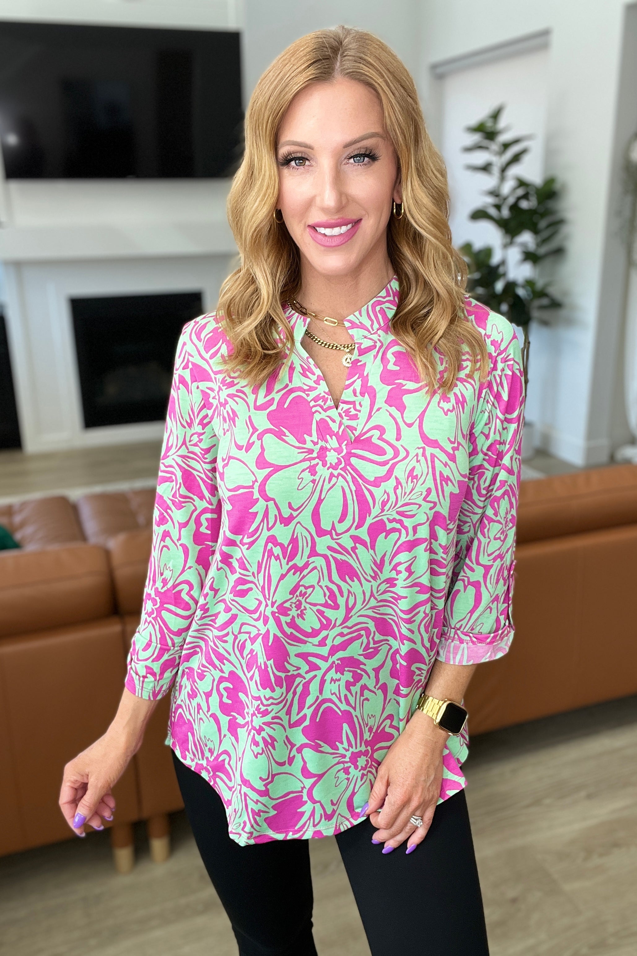 Lizzy Top in Emerald Pink Floral Tops Ave Shops   