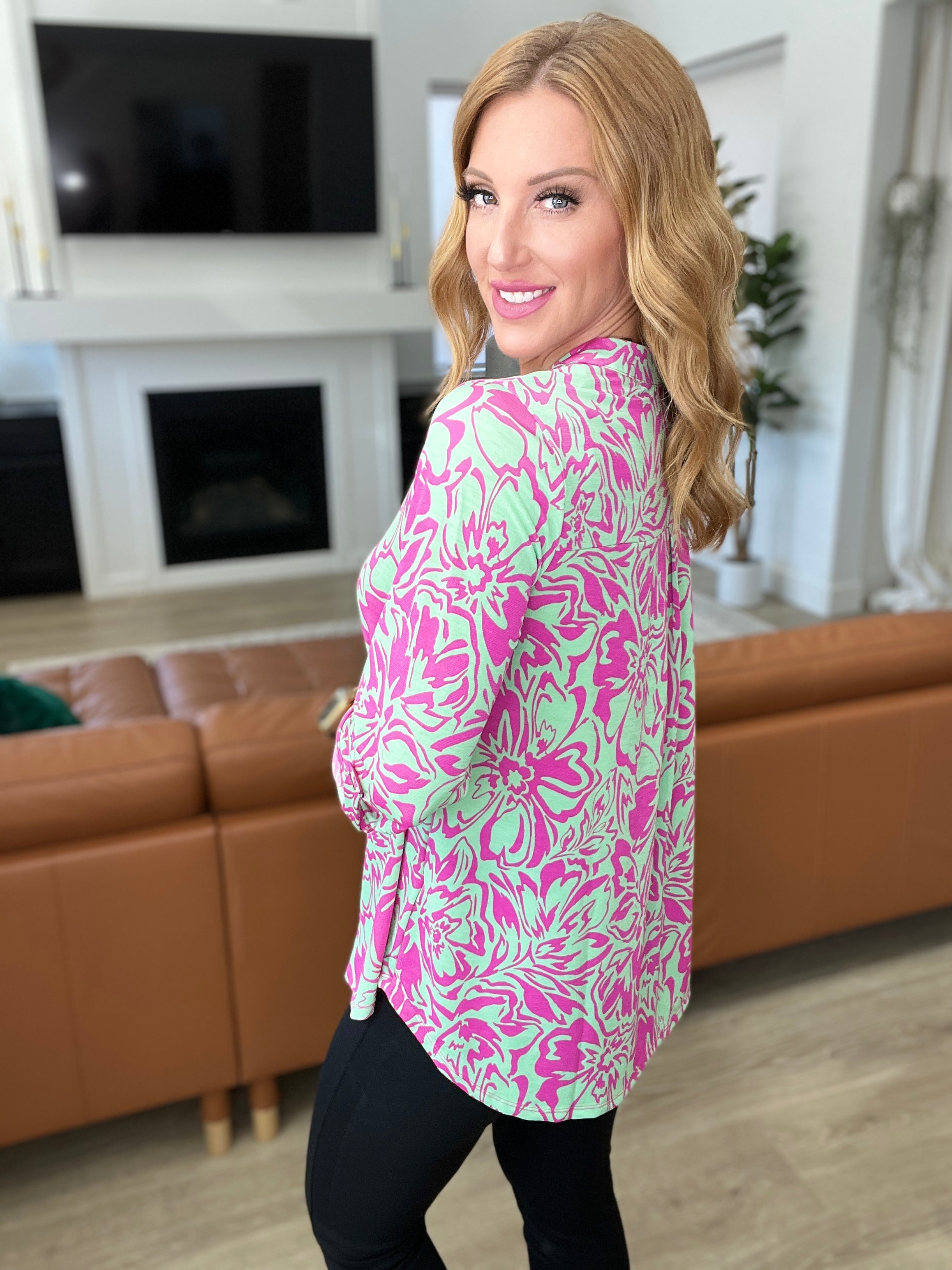 Lizzy Top in Emerald Pink Floral Tops Ave Shops   