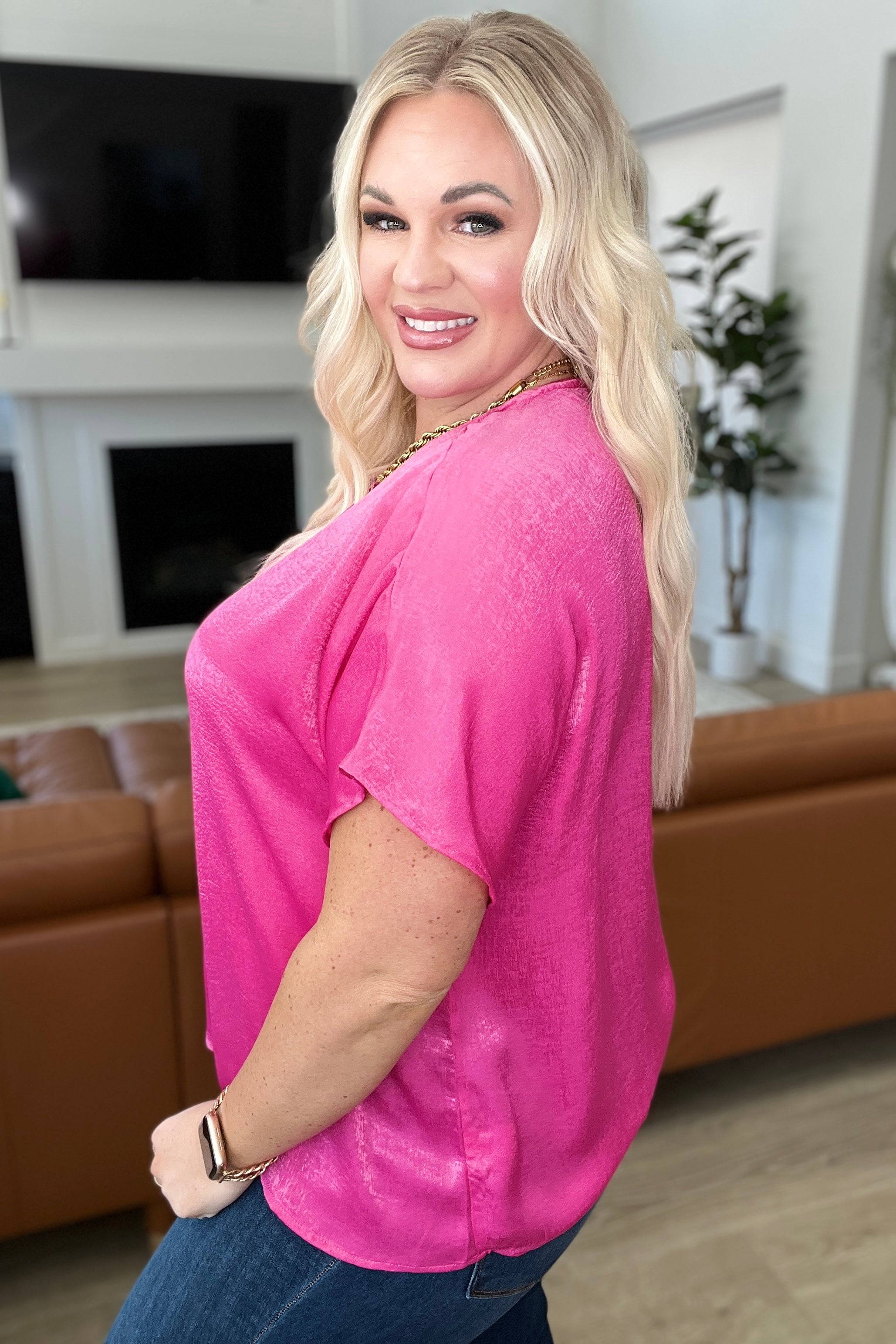 Pleat Front V-Neck Top in Hot Pink Tops Ave Shops   