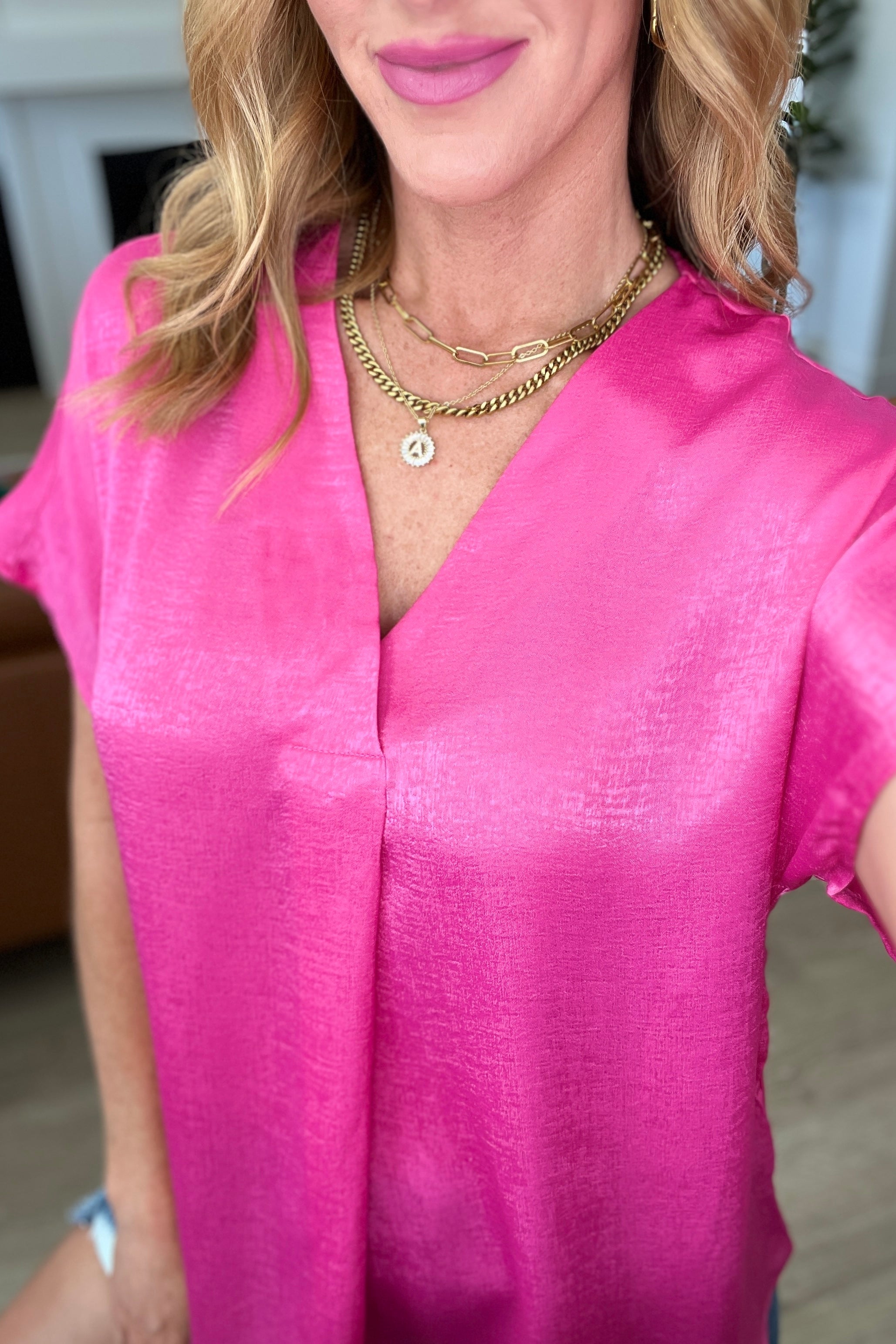 Pleat Front V-Neck Top in Hot Pink Tops Ave Shops   