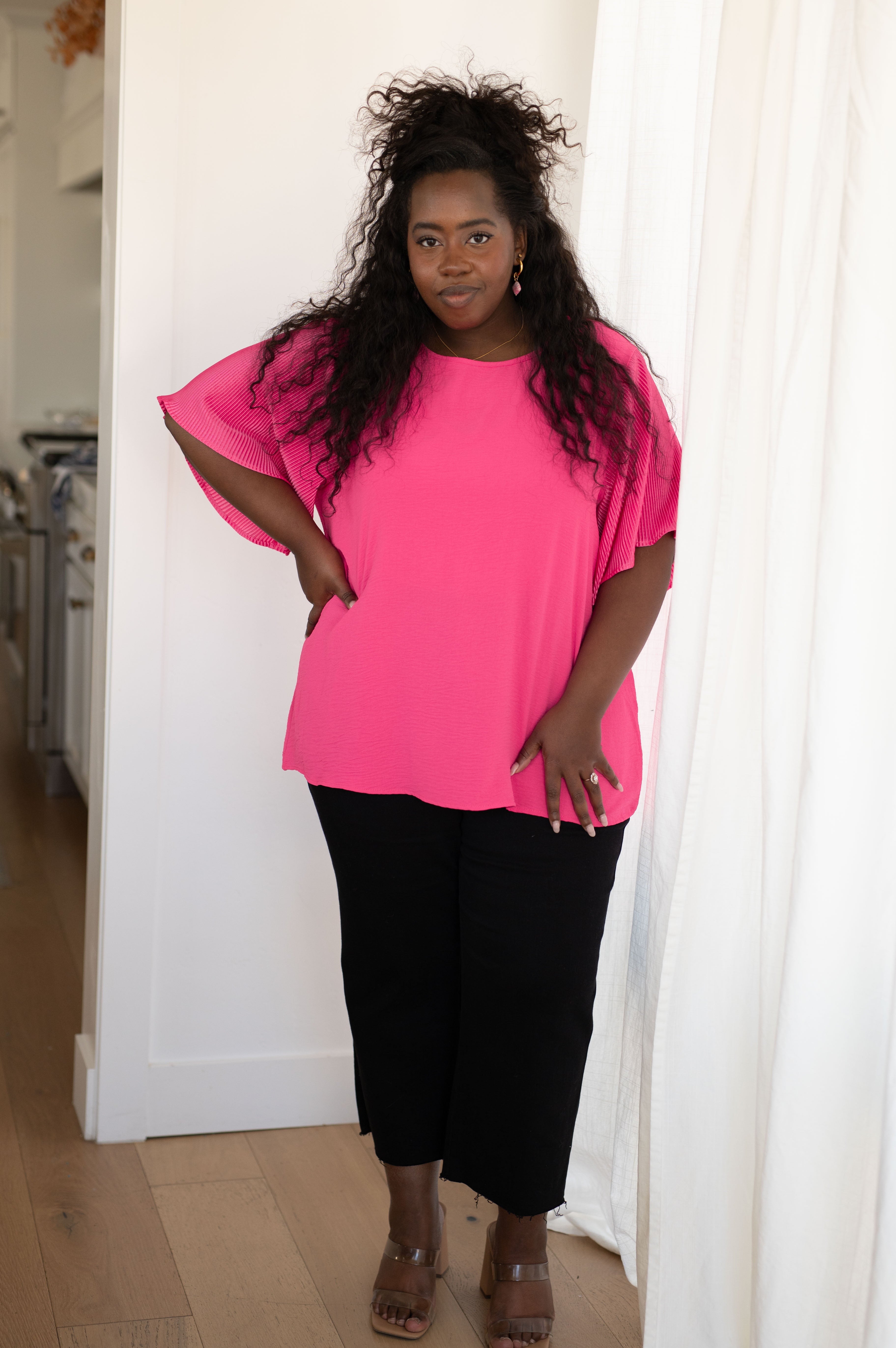 Pink and Perfect Ruffle Sleeve Top Womens Ave Shops   