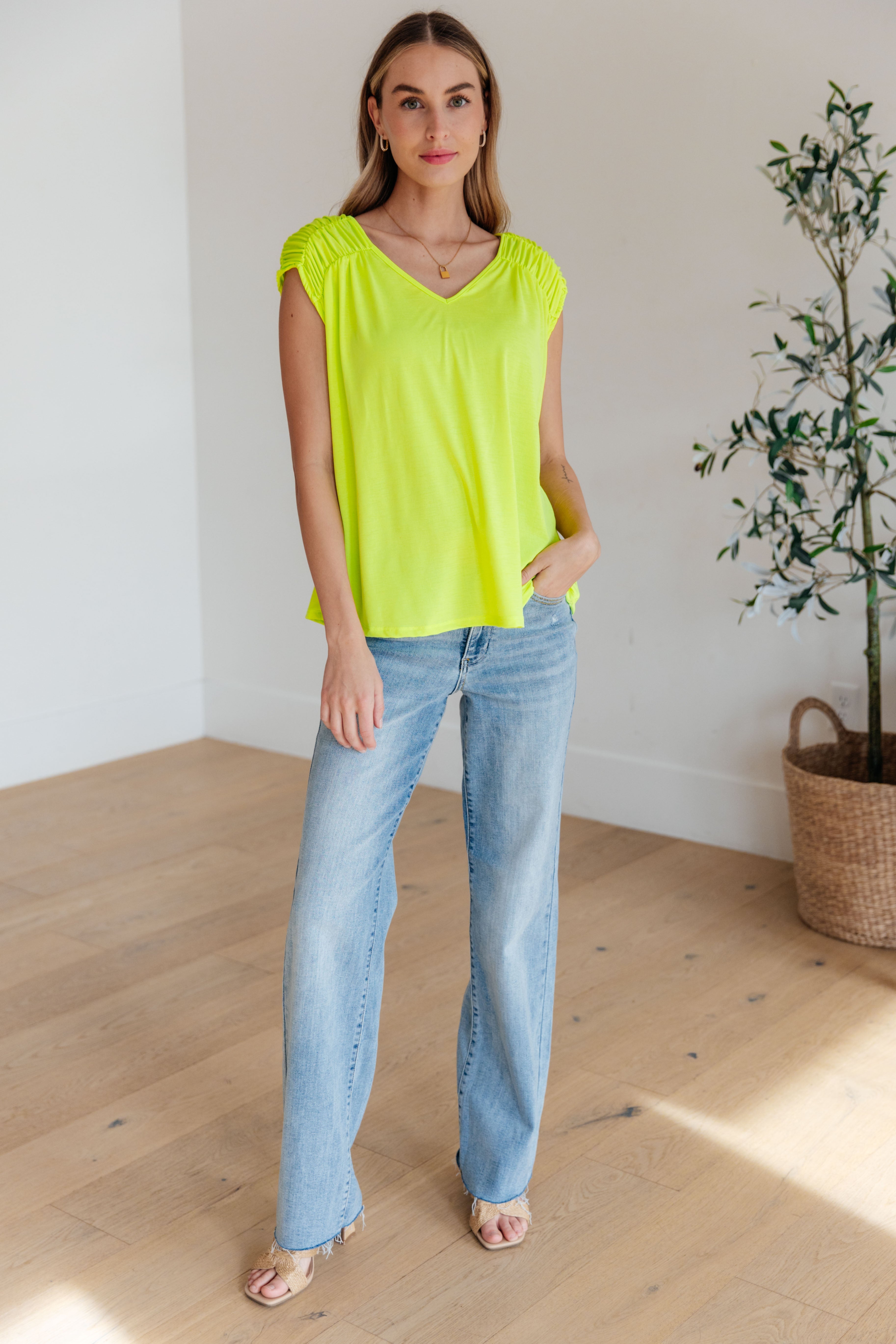 Ruched Cap Sleeve Top in Neon Green Womens Ave Shops   