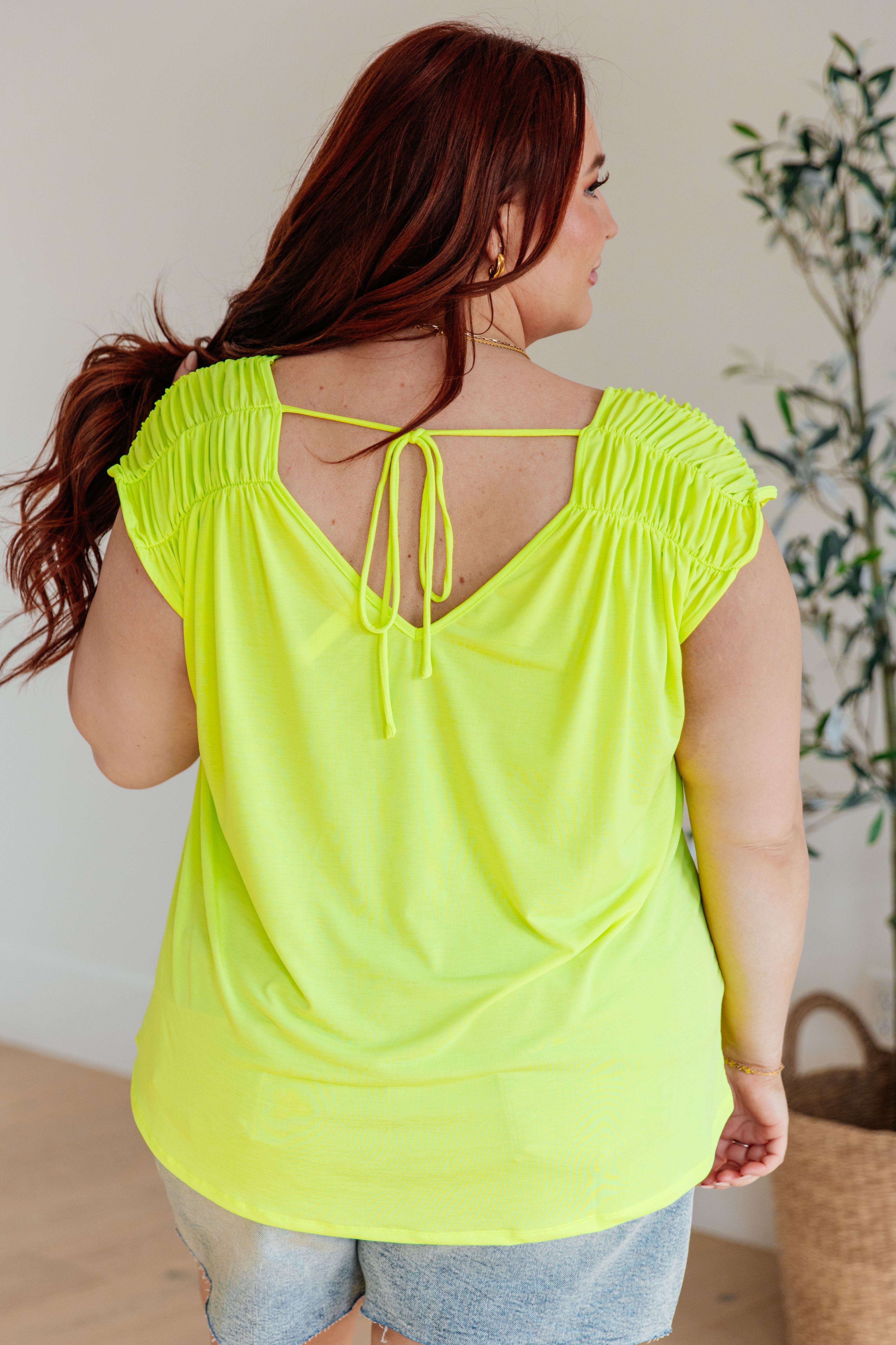 Ruched Cap Sleeve Top in Neon Green Womens Ave Shops   