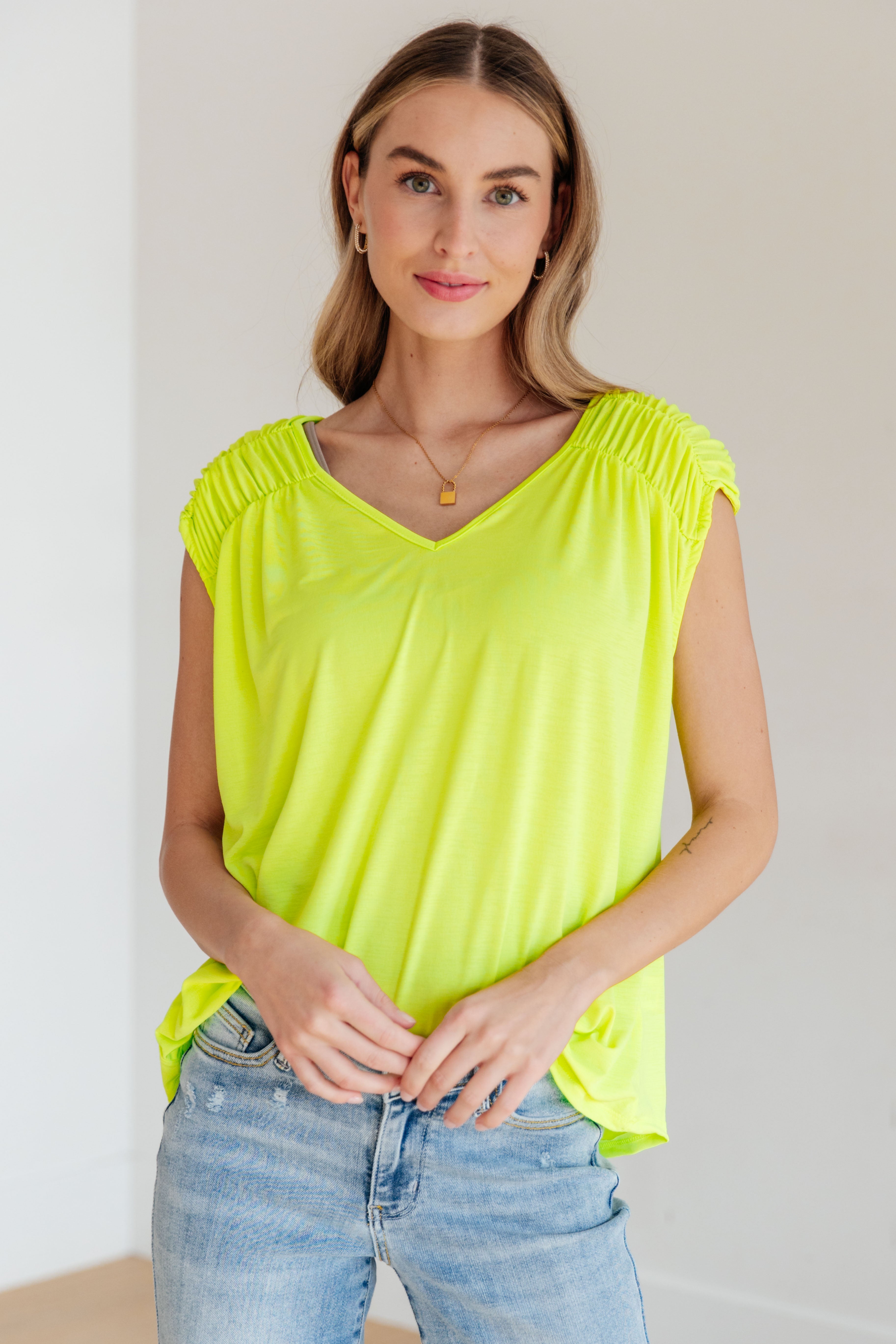Ruched Cap Sleeve Top in Neon Green Womens Ave Shops   