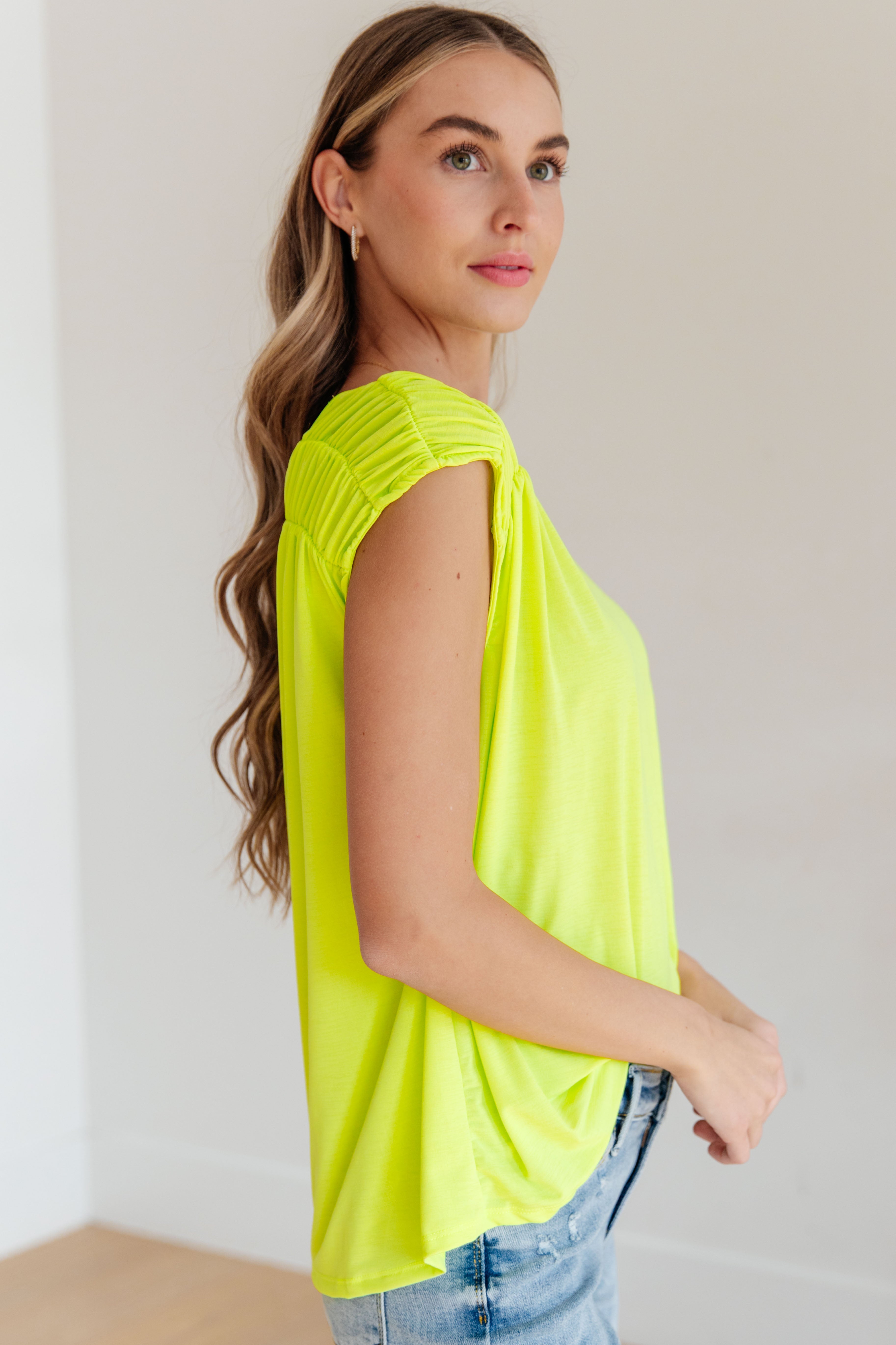 Ruched Cap Sleeve Top in Neon Green Womens Ave Shops   