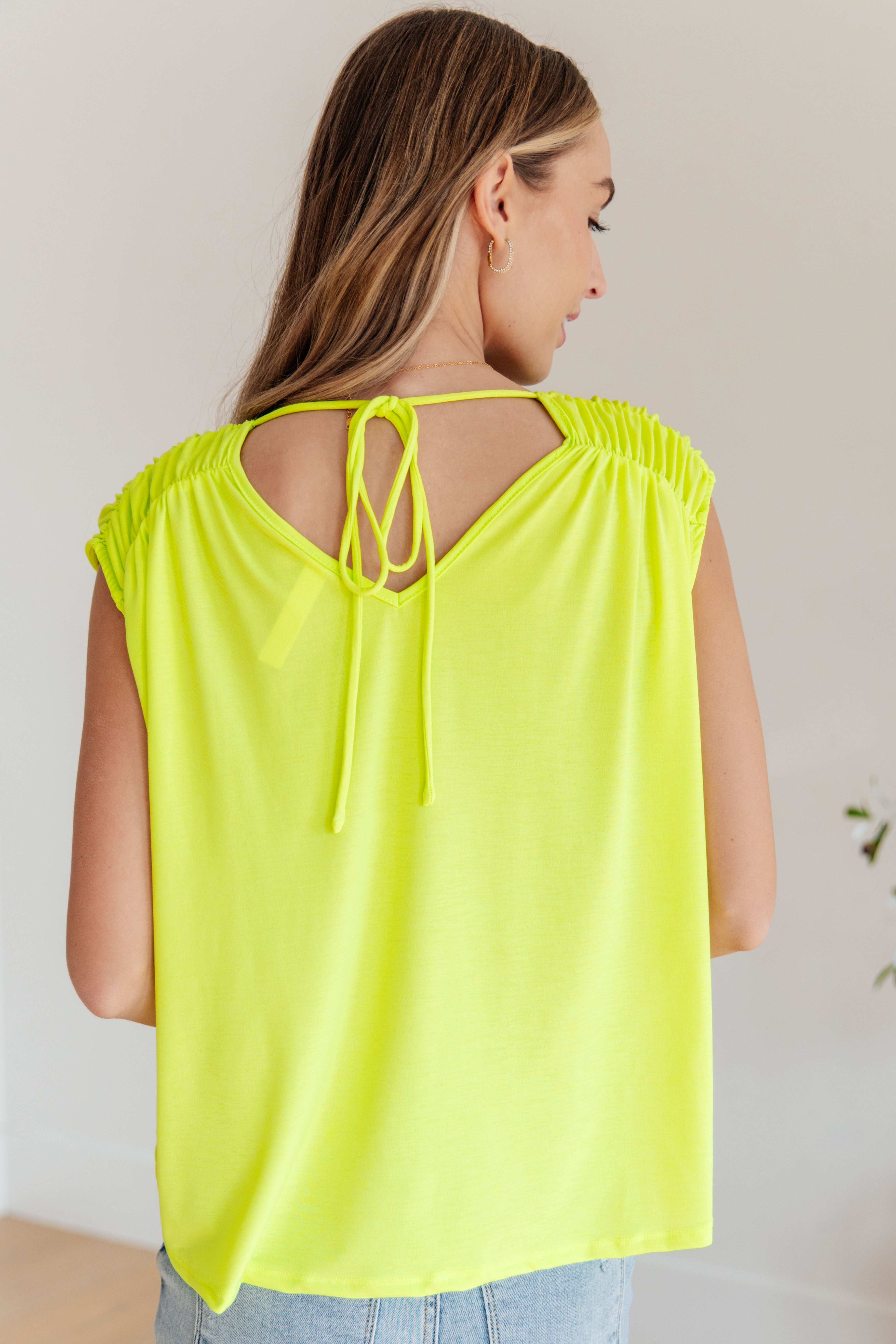 Ruched Cap Sleeve Top in Neon Green Womens Ave Shops   