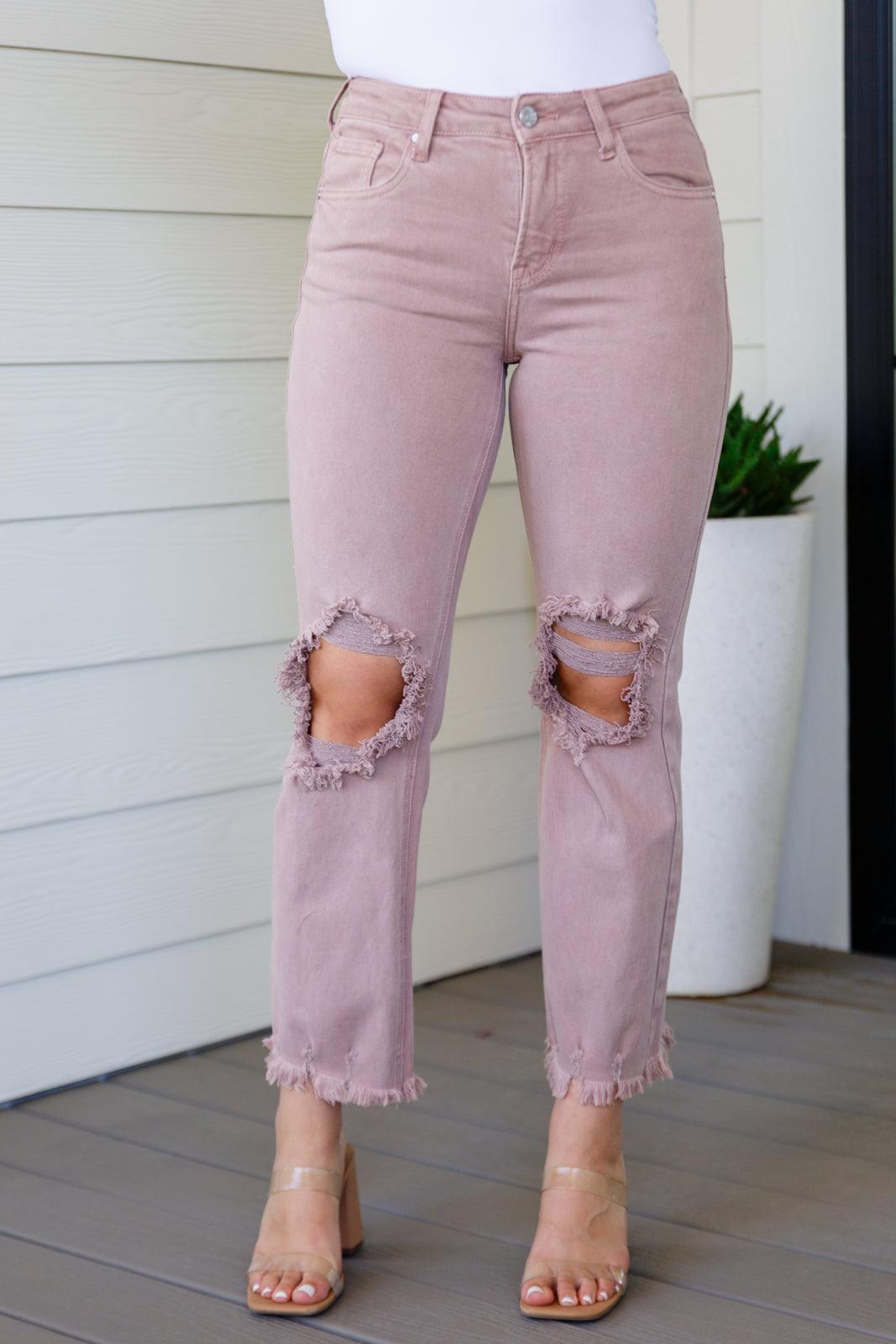 Babs High Rise Distressed Straight Jeans in Mauve - Risen Womens Ave Shops   