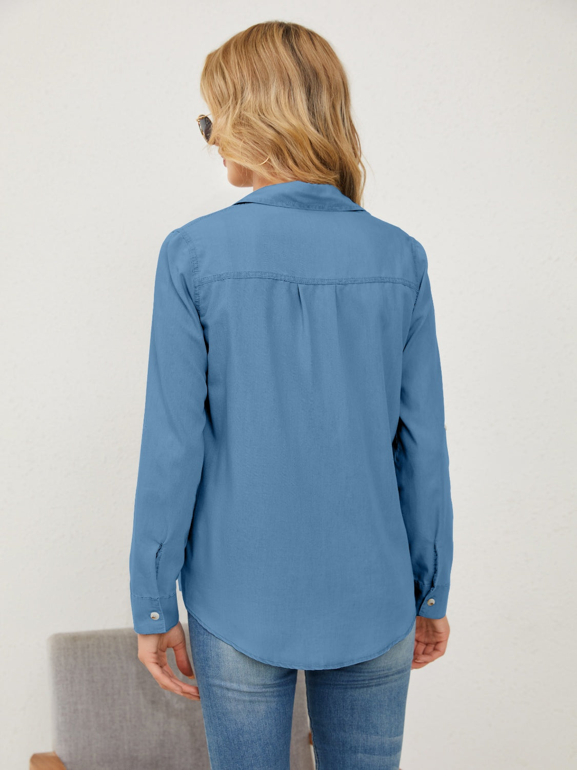 Pocketed Button Up Long Sleeve Denim Shirt Tops Trendsi   