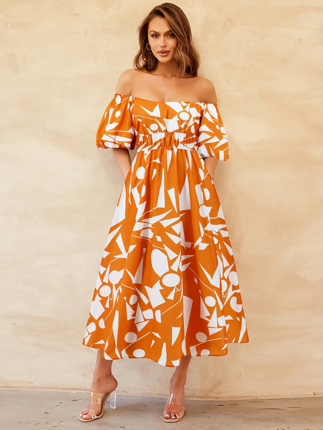 Printed Off-Shoulder Balloon Sleeve Dress Dresses Trendsi Pumpkin S 