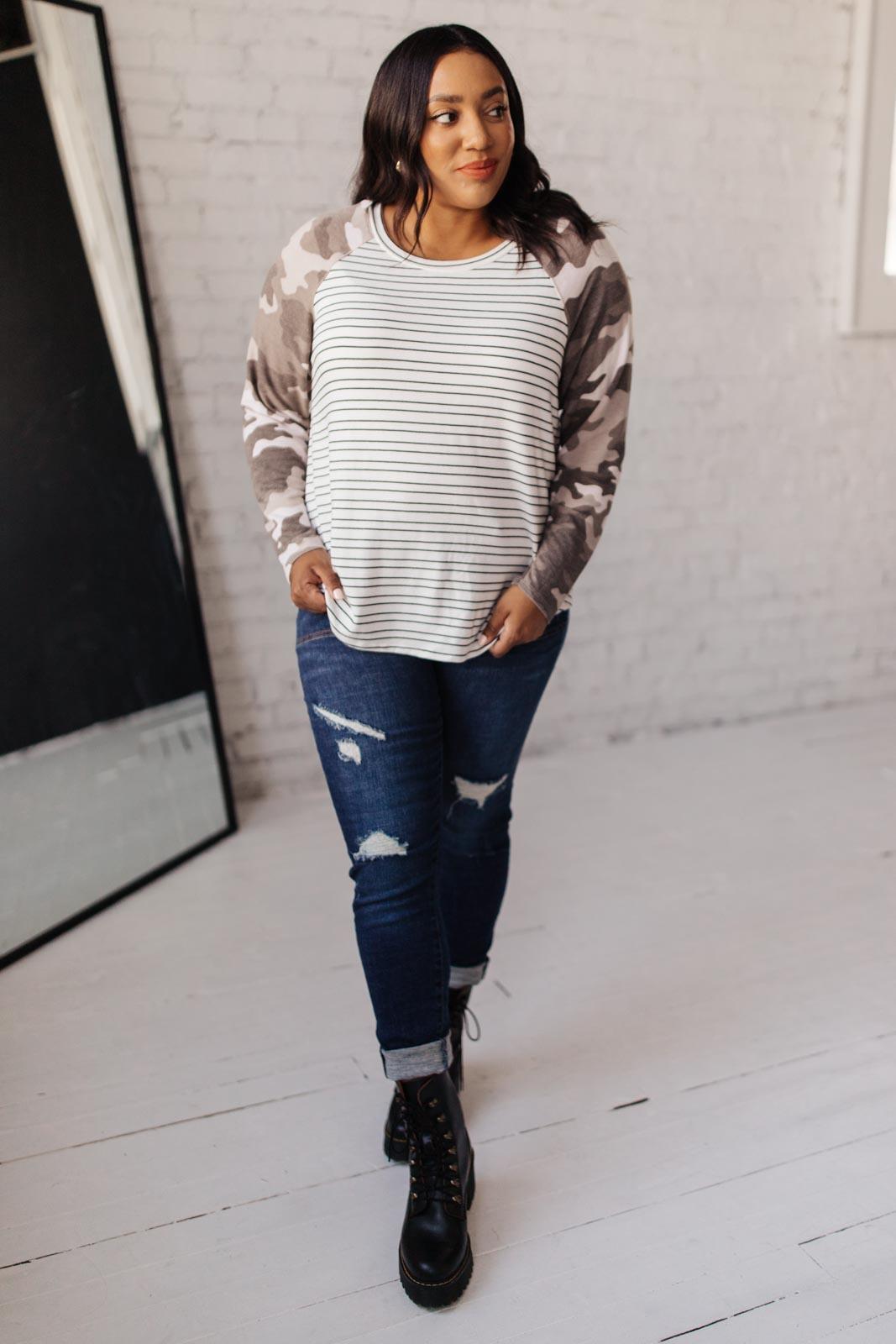 Camo & Stripes Raglan Top Womens Ave Shops   