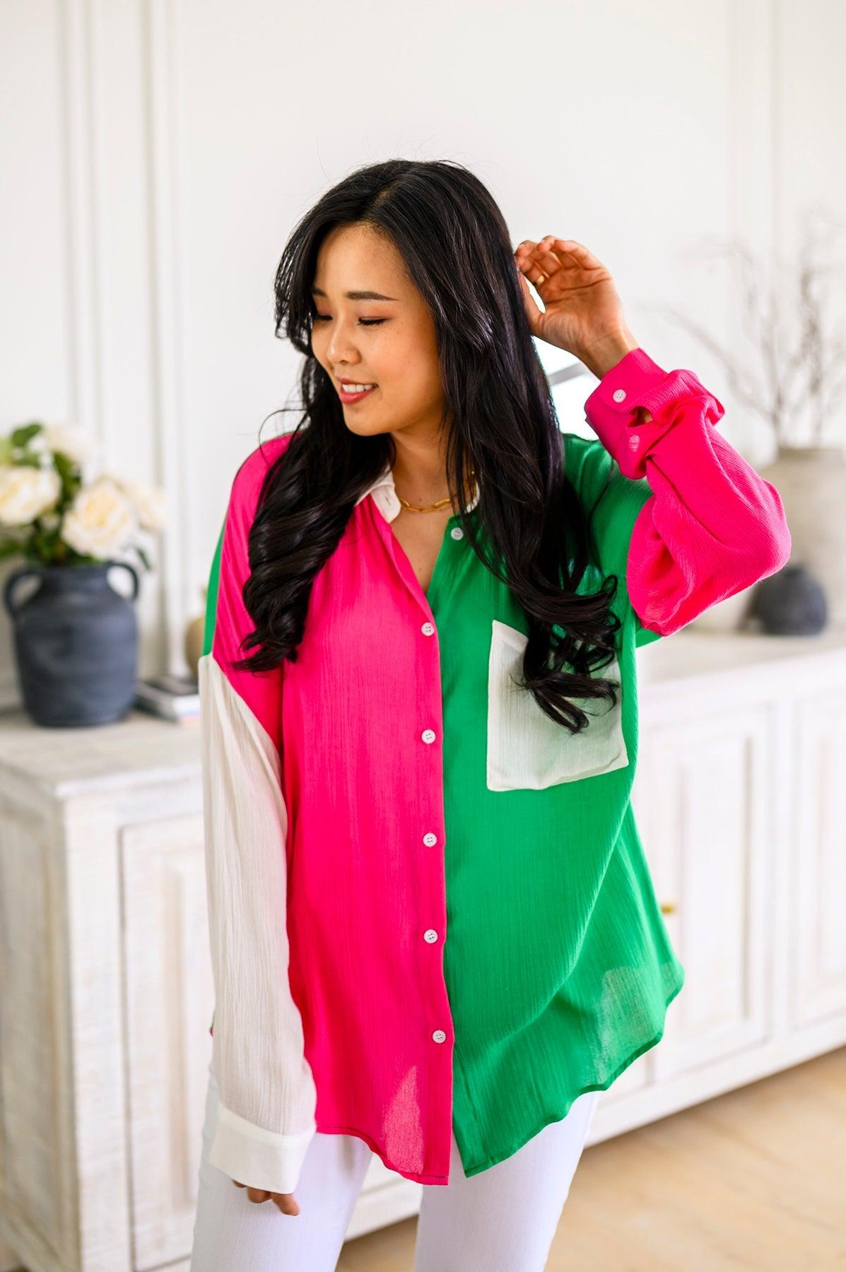 Capture the Day Two Toned Button Up Kelly Womens Ave Shops   