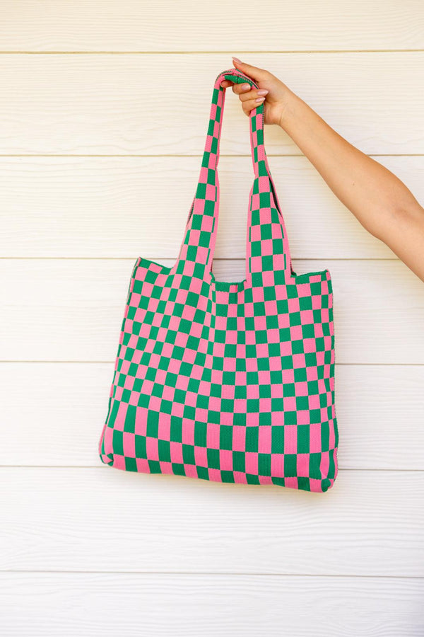 Checkerboard Lazy Wind Big Bag in Pink & Green Womens Ave Shops   