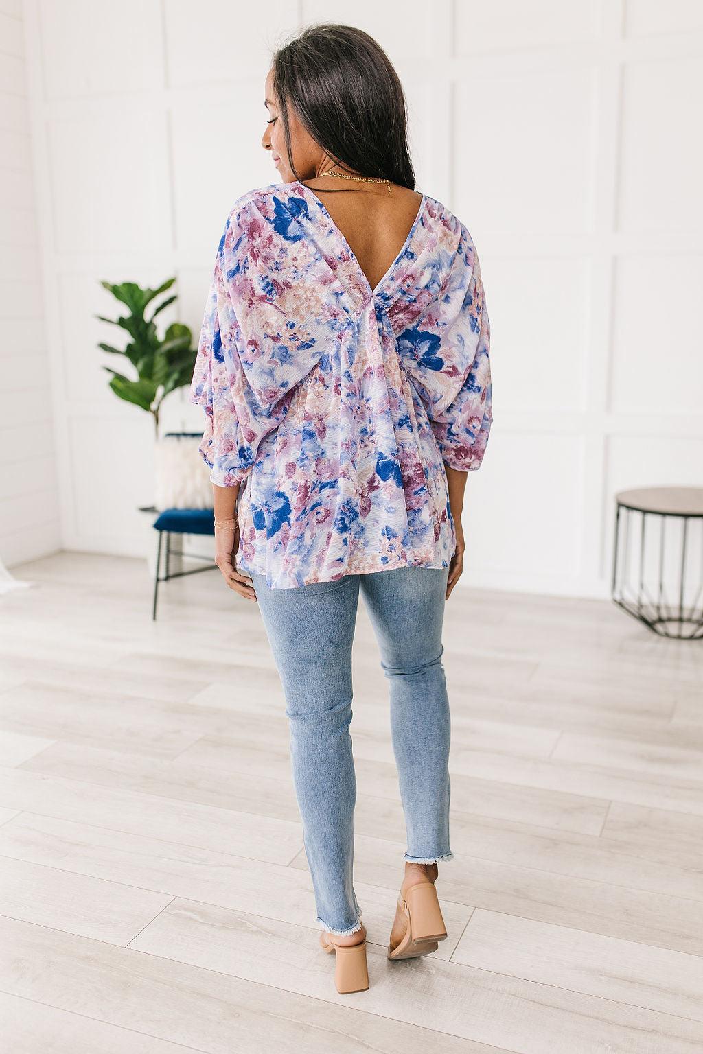 Fabled in Floral Draped Peplum Top in Blue Womens Ave Shops   