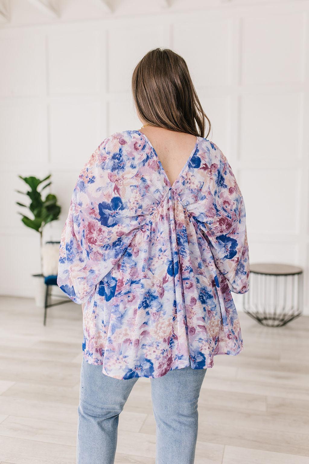 Fabled in Floral Draped Peplum Top in Blue Womens Ave Shops   