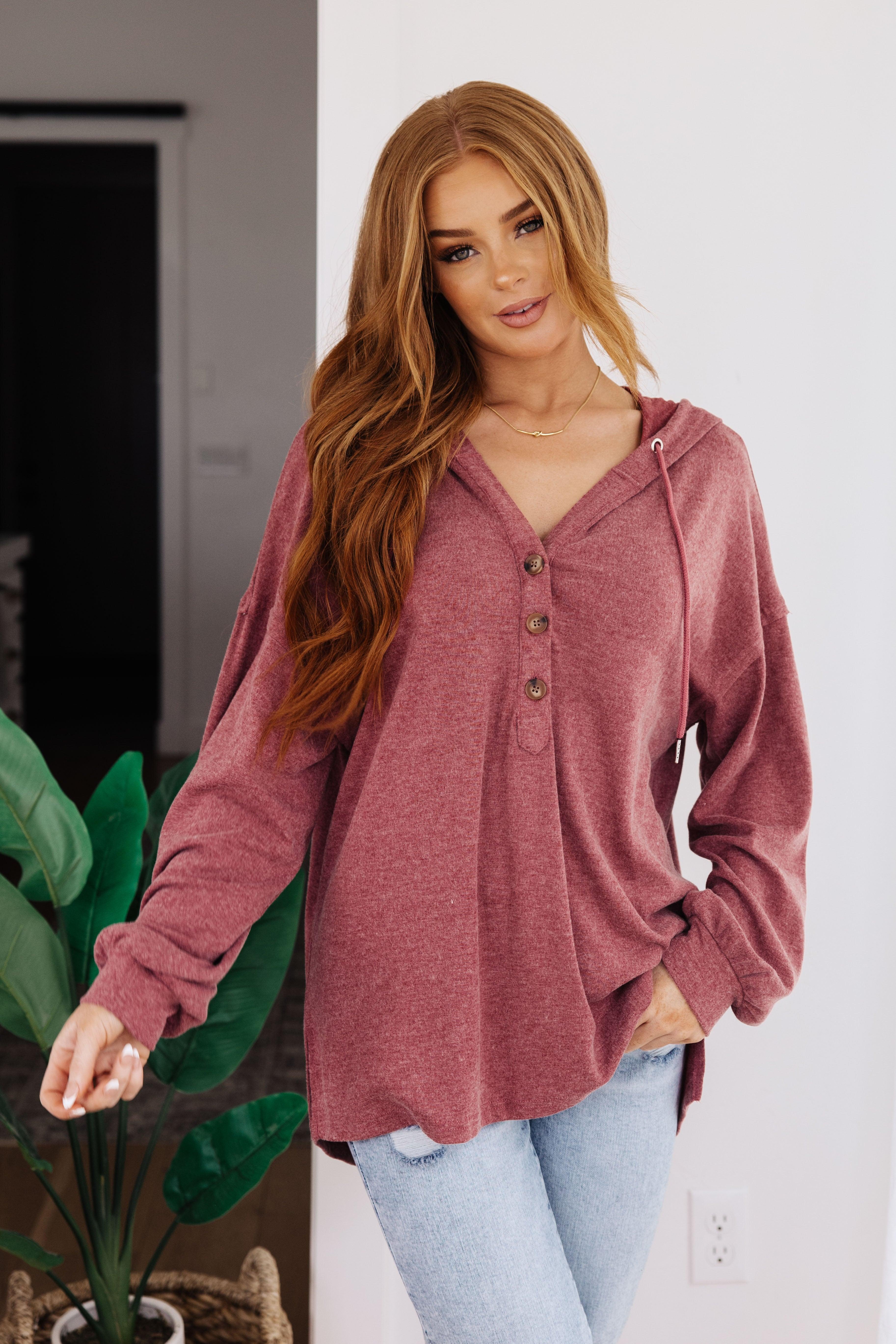 Happier Now Henley Hoodie in Burgundy Womens Ave Shops   