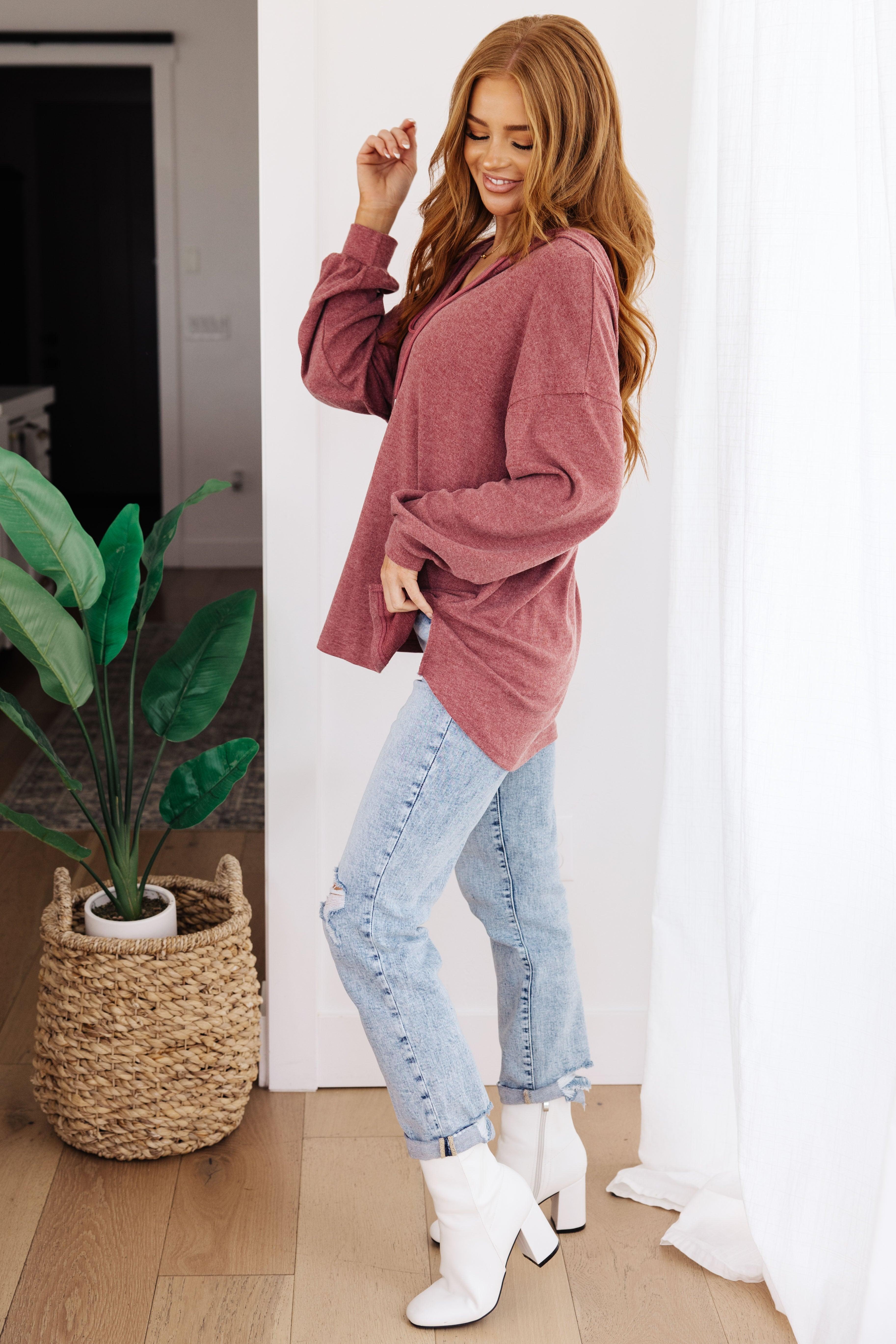 Happier Now Henley Hoodie in Burgundy Womens Ave Shops   