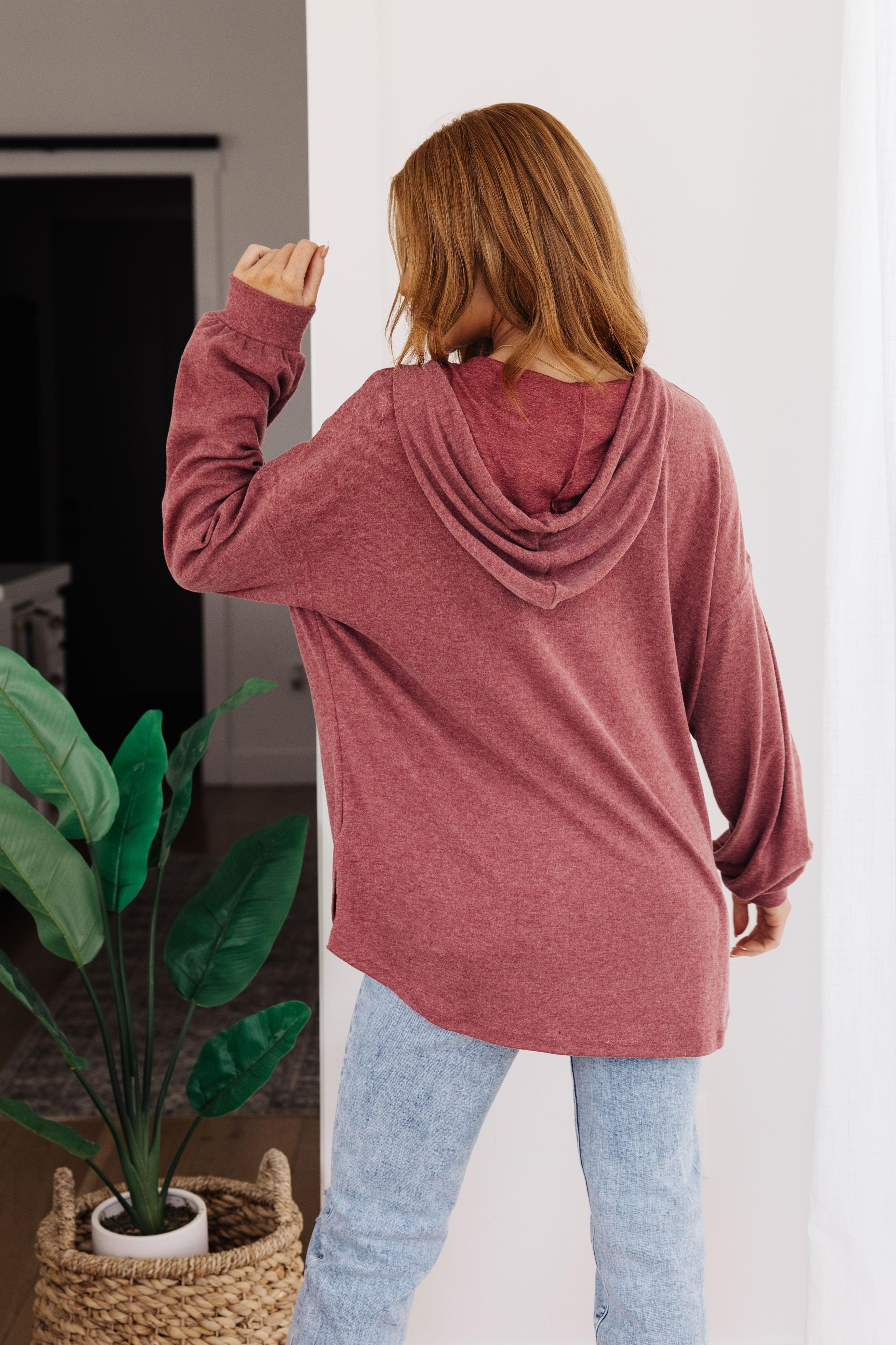 Happier Now Henley Hoodie in Burgundy Womens Ave Shops   