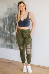 Kick Back Distressed Joggers in Olive Womens Ave Shops   