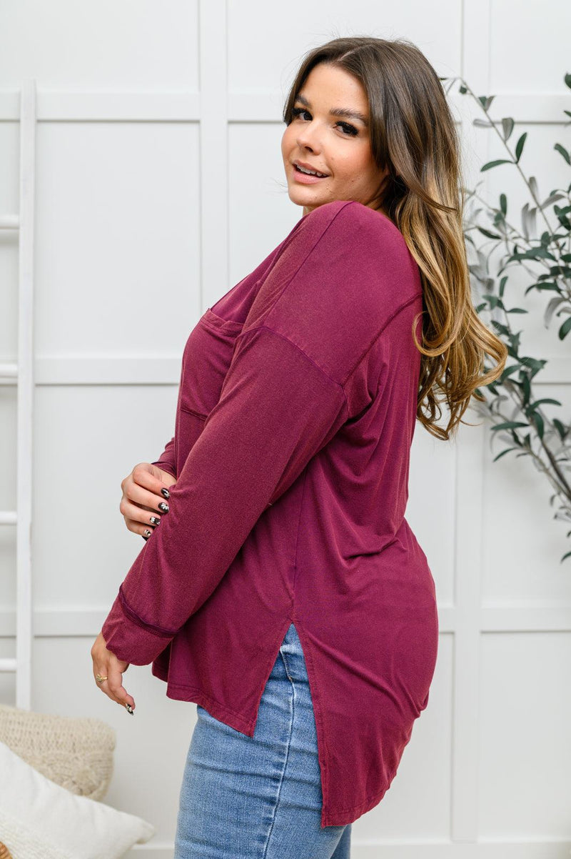 Long Sleeve Knit Top With Pocket In Burgundy Womens Ave Shops   