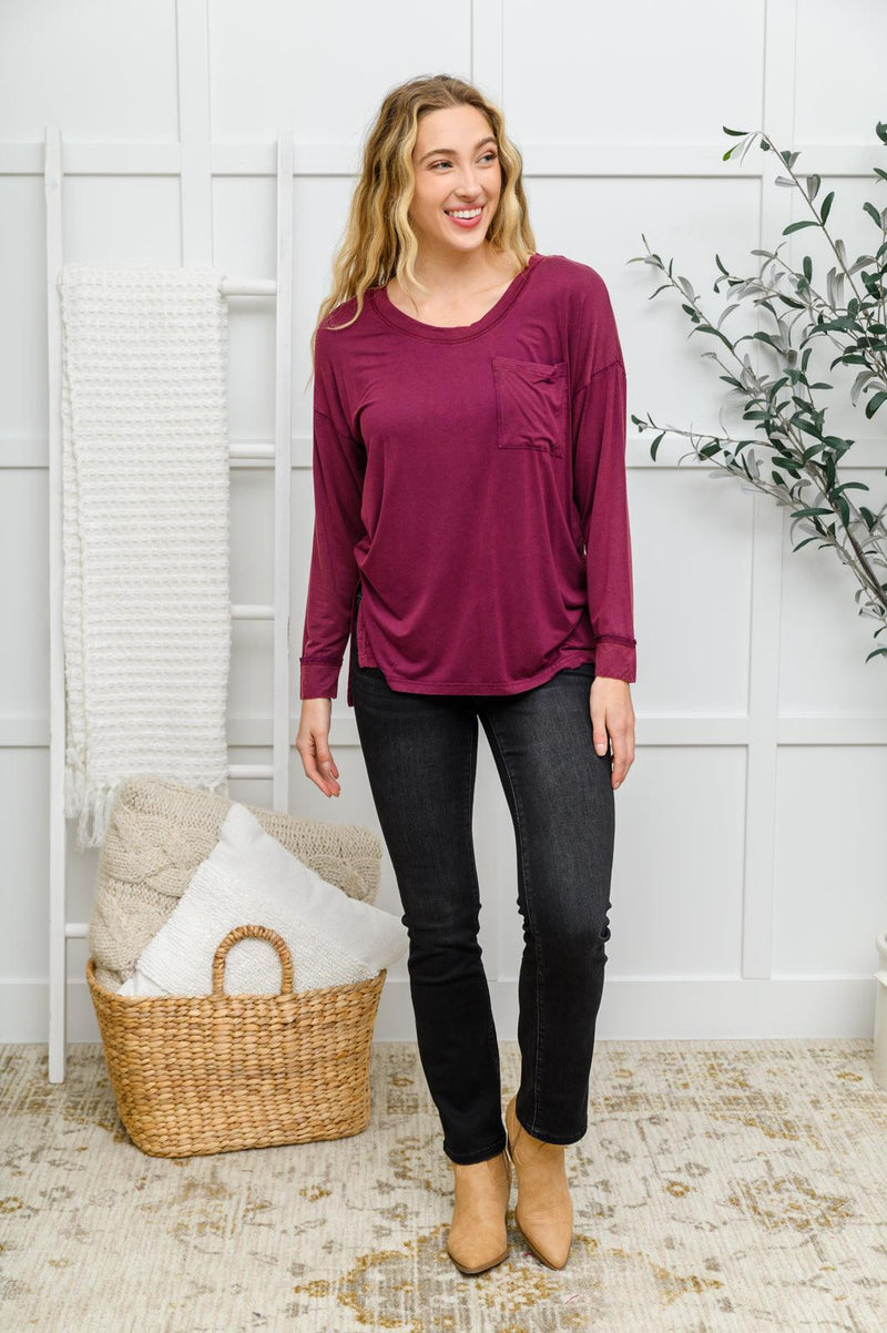 Long Sleeve Knit Top With Pocket In Burgundy Womens Ave Shops   