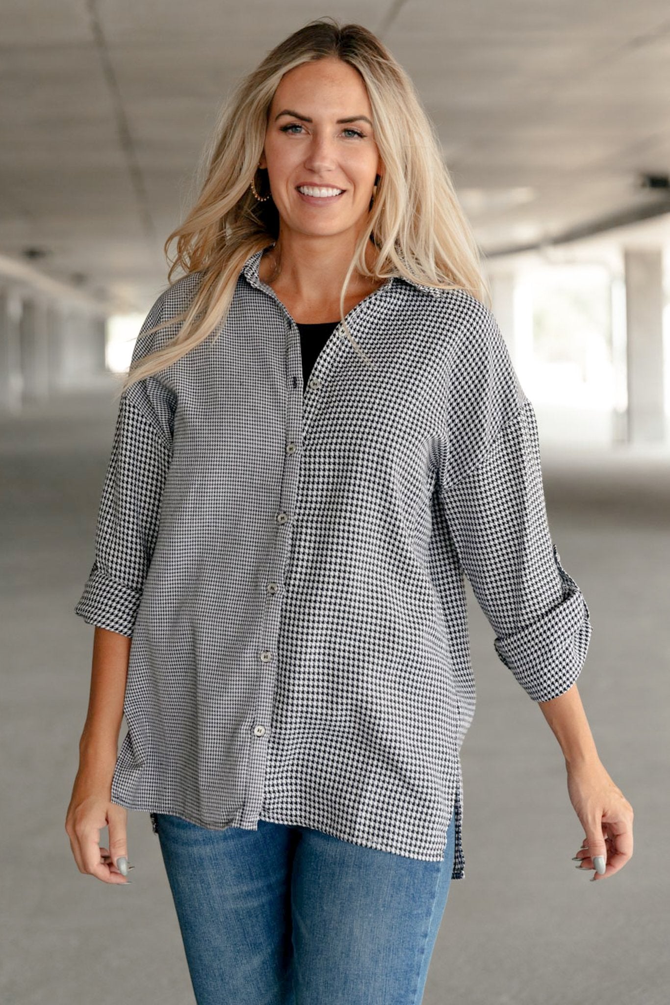 Mixed Houndstooth Button Up Top Womens Ave Shops   