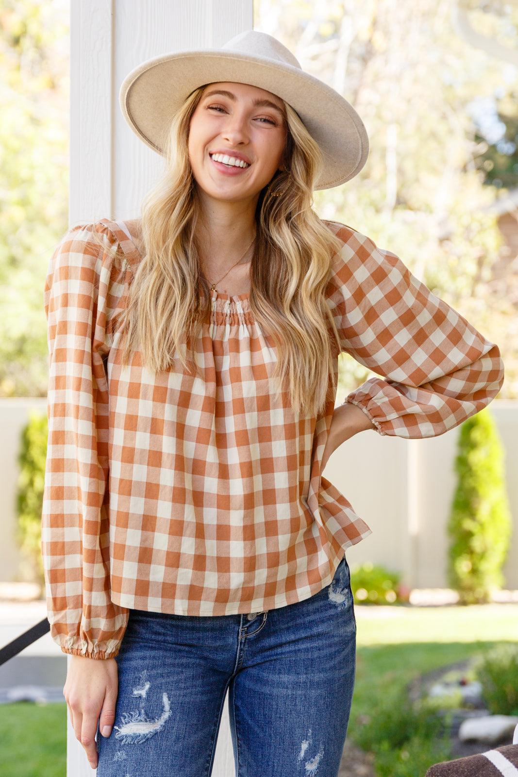 One Fine Afternoon Gingham Plaid Top In Caramel Womens Ave Shops   