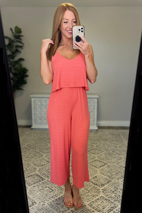 Ribbed Double Layer Jumpsuit in Deep Coral Womens Ave Shops   