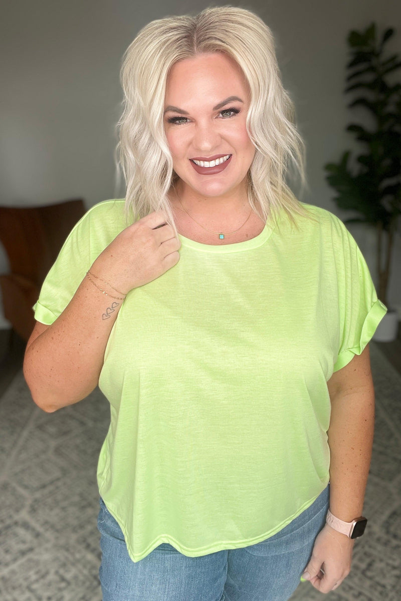 Round Neck Cuffed Sleeve Top in Lime Womens Ave Shops   