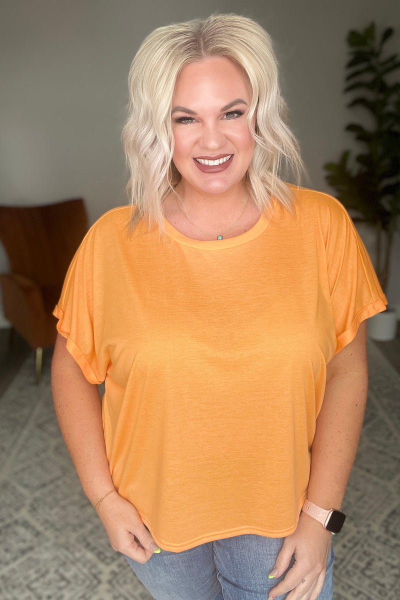 Round Neck Cuffed Sleeve Top in Neon Orange Womens Ave Shops   