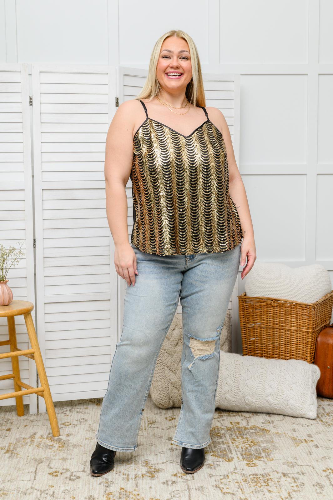 Stayin' Alive V-Neck Sequin Tank in Gold Womens Ave Shops   