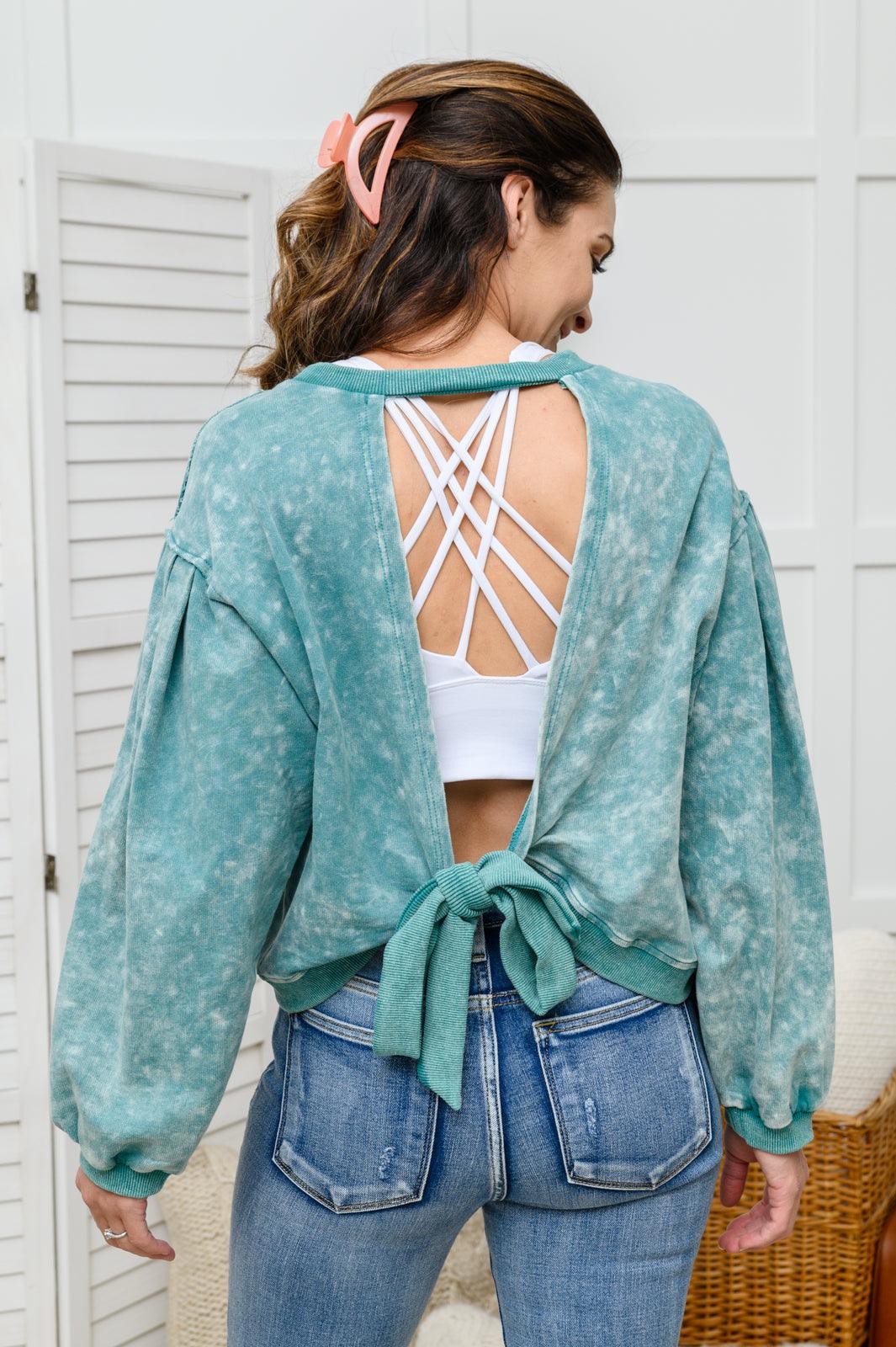Tied Up In Cuteness Mineral Wash Sweater in Teal Womens Ave Shops   