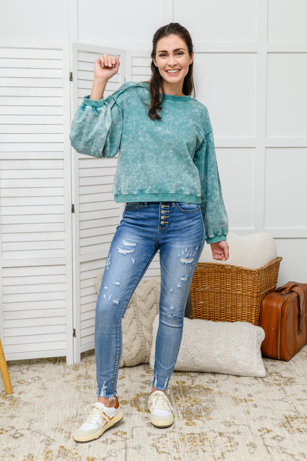 Tied Up In Cuteness Mineral Wash Sweater in Teal Womens Ave Shops   