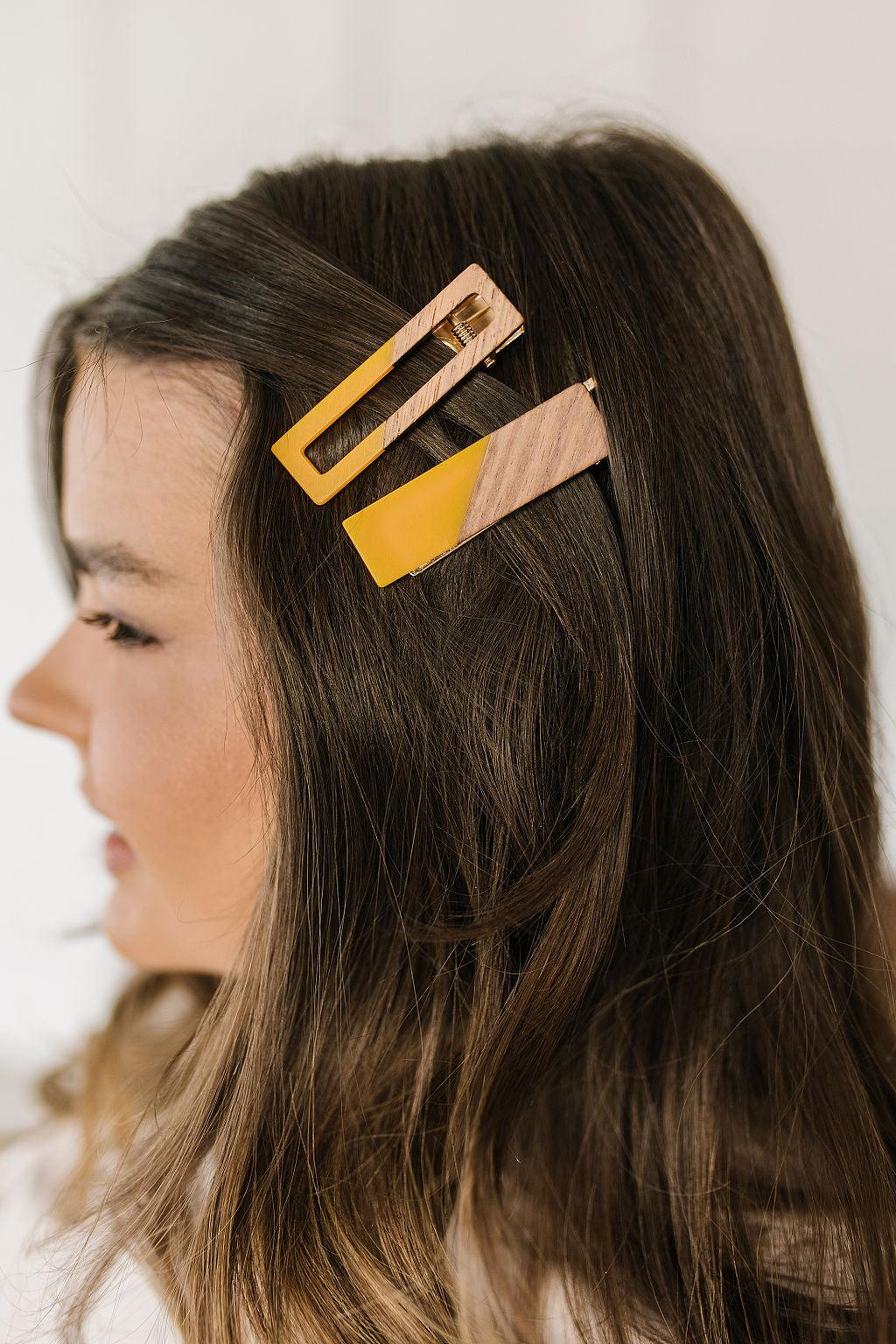 Two Tone Hair Clip Set in Yellow Womens Ave Shops   