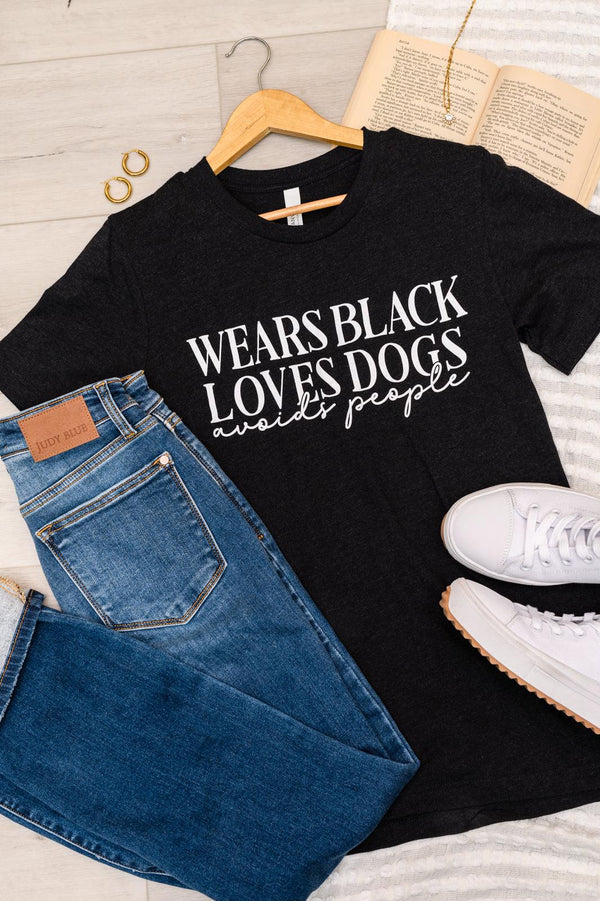 Wears Black, Loves Dogs Graphic Tee in Heather Black Womens Ave Shops   
