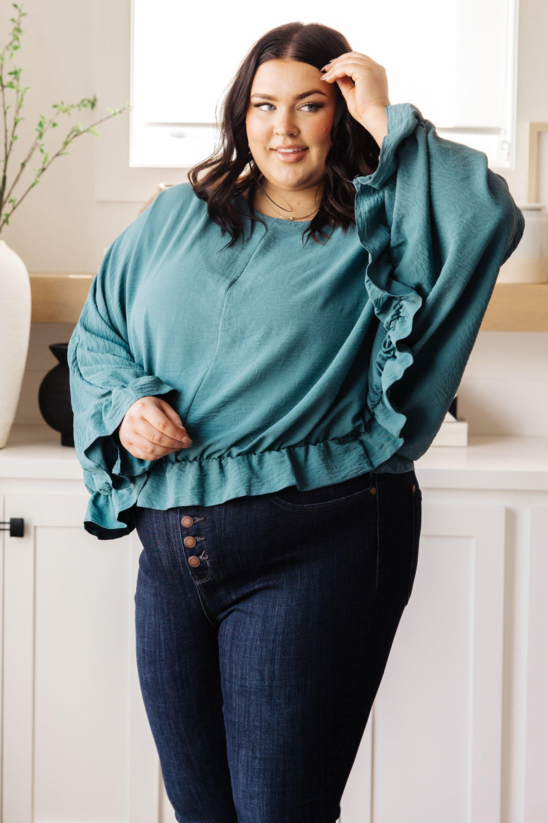 Winging It Ruffle Detail Top in Teal Womens Ave Shops   